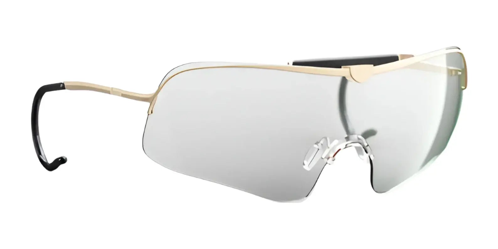The RE Ranger Falcon Pro Shooting Glasses are futuristic and rimless with mirrored lenses, gold-tone accents, black earpieces, and an expanded field of view. The RE Ranger Falcon Pro Shooting Glasses are futuristic and rimless with mirrored lenses, gold-tone accents, black earpieces, and an expanded field of view.