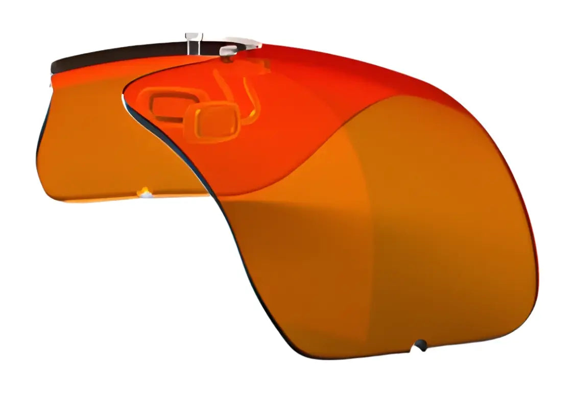 The RE Ranger Falcon Pro Lens includes an orange visor with a transparent amber-tinted shield and sleek black band, perfectly complementing the Falcon Pro frames. The RE Ranger Falcon Pro Lens includes an orange visor with a transparent amber-tinted shield and sleek black band, perfectly complementing the Falcon Pro frames.