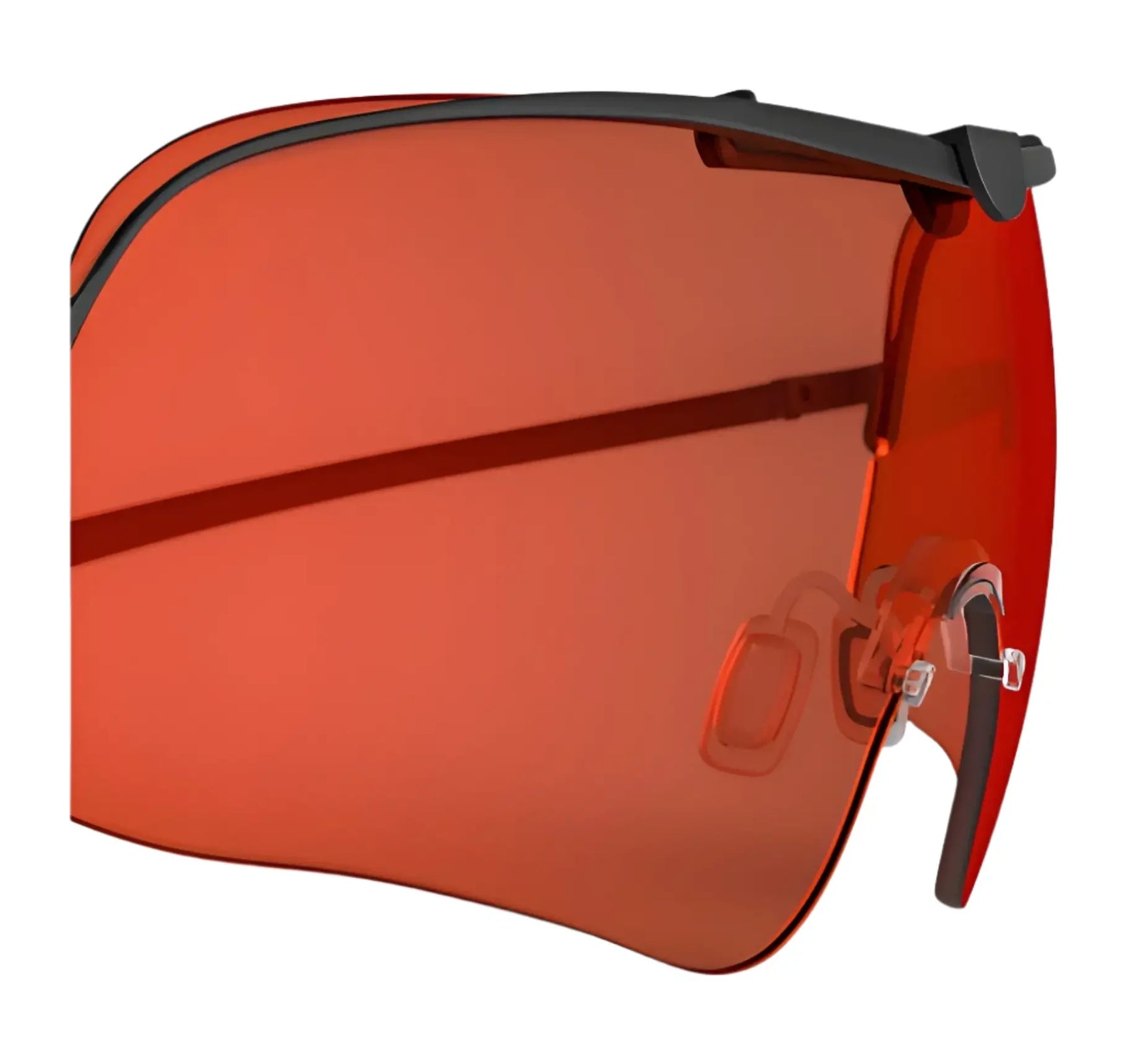 Close-up of sports sunglasses with dark Falcon Pro frames and nose pads on a white background, featuring RE Ranger's red-tinted lens. Close-up of sports sunglasses with dark Falcon Pro frames and nose pads on a white background, featuring RE Ranger's red-tinted lens.