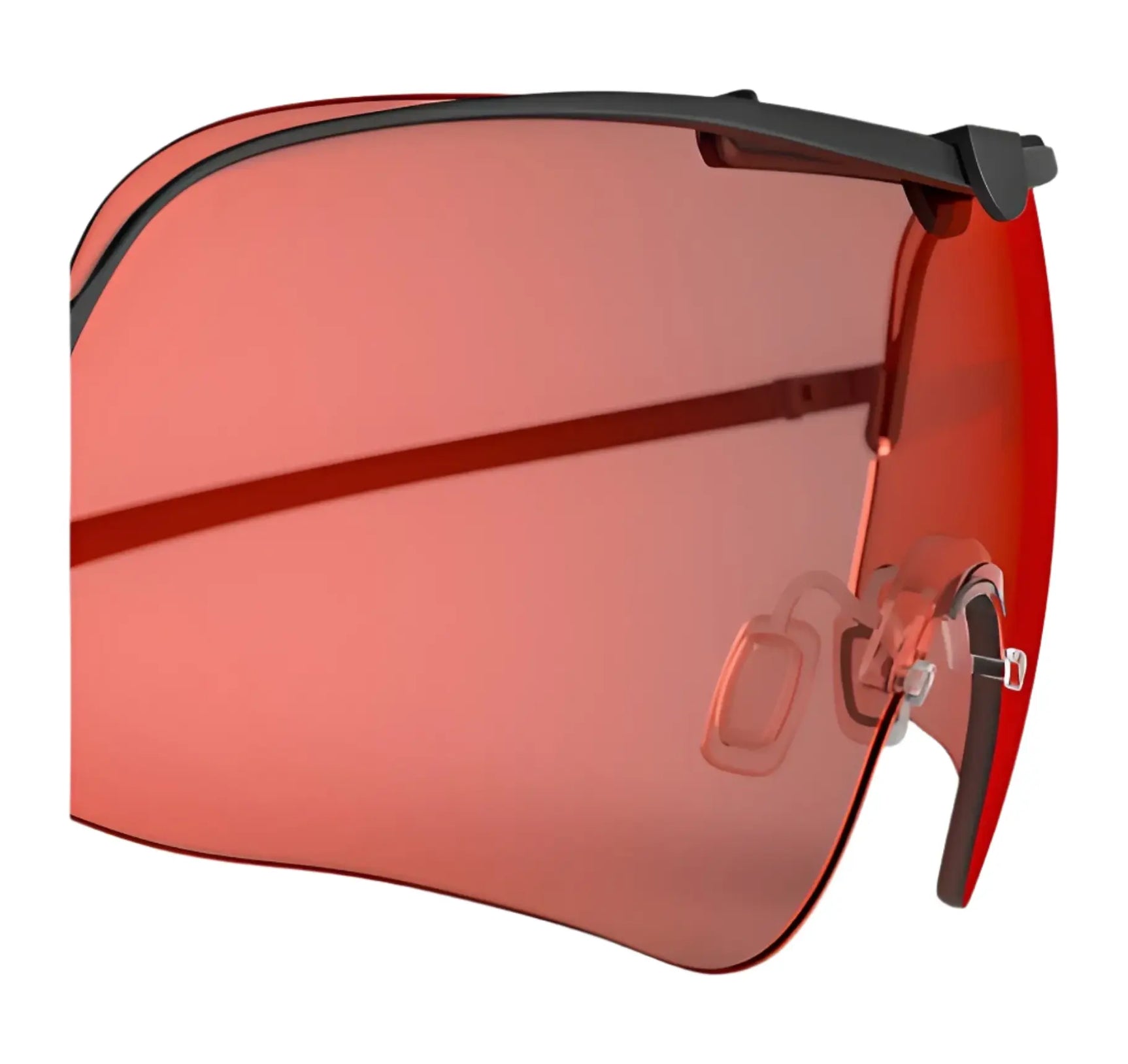 Close-up of RE Ranger Falcon Pro Lens featuring sleek black frames and red-tinted wraparound lenses against a white background. Close-up of RE Ranger Falcon Pro Lens featuring sleek black frames and red-tinted wraparound lenses against a white background.