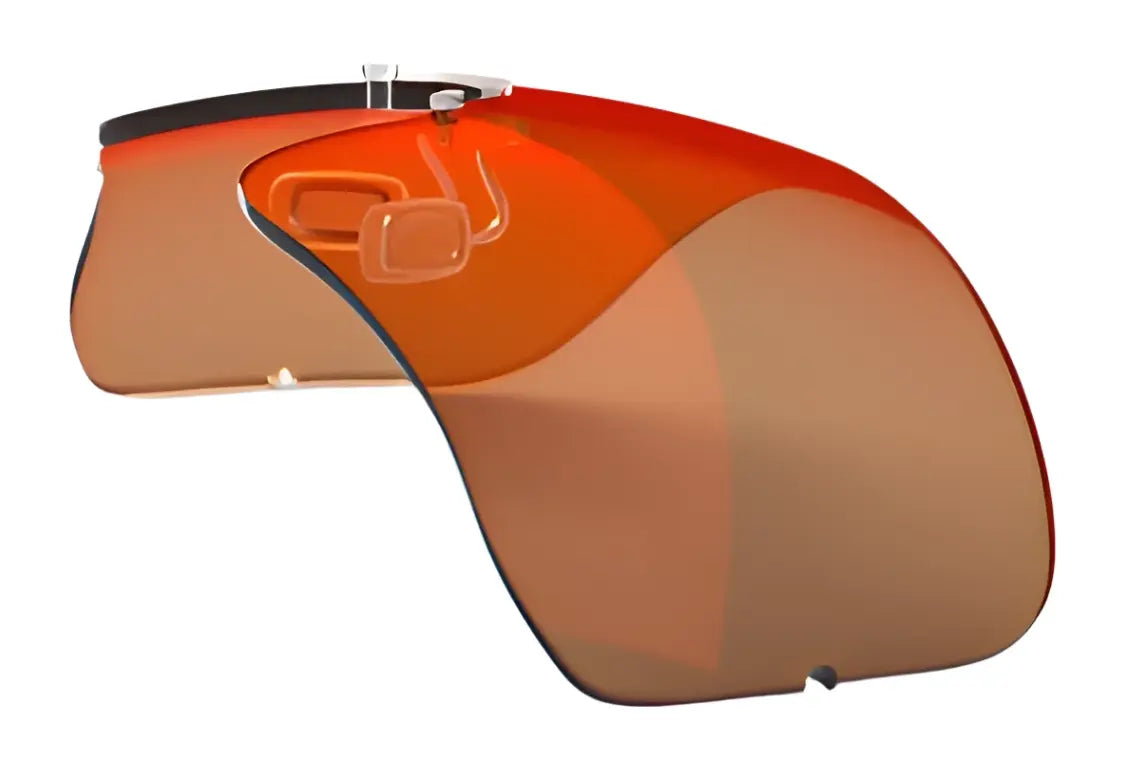 Orange-tinted flip-up sunglasses visor with a RE Ranger Falcon Pro Lens and a pewter clip-on attachment against a white background. Orange-tinted flip-up sunglasses visor with a RE Ranger Falcon Pro Lens and a pewter clip-on attachment against a white background.