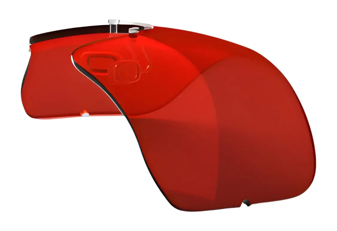 The RE Ranger Falcon Pro Lens features a red visor with a curved design and transparent plastic ear support, seamlessly integrating with Falcon Pro frames. The RE Ranger Falcon Pro Lens features a red visor with a curved design and transparent plastic ear support, seamlessly integrating with Falcon Pro frames.