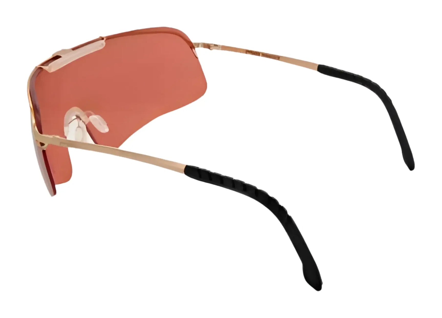 The RE Ranger Falcon Sport Shooting Sunglasses in Size 64 feature pink lenses, a durable gold frame, and black earpieces, offering stylish eye protection. The RE Ranger Falcon Sport Shooting Sunglasses in Size 64 feature pink lenses, a durable gold frame, and black earpieces, offering stylish eye protection.