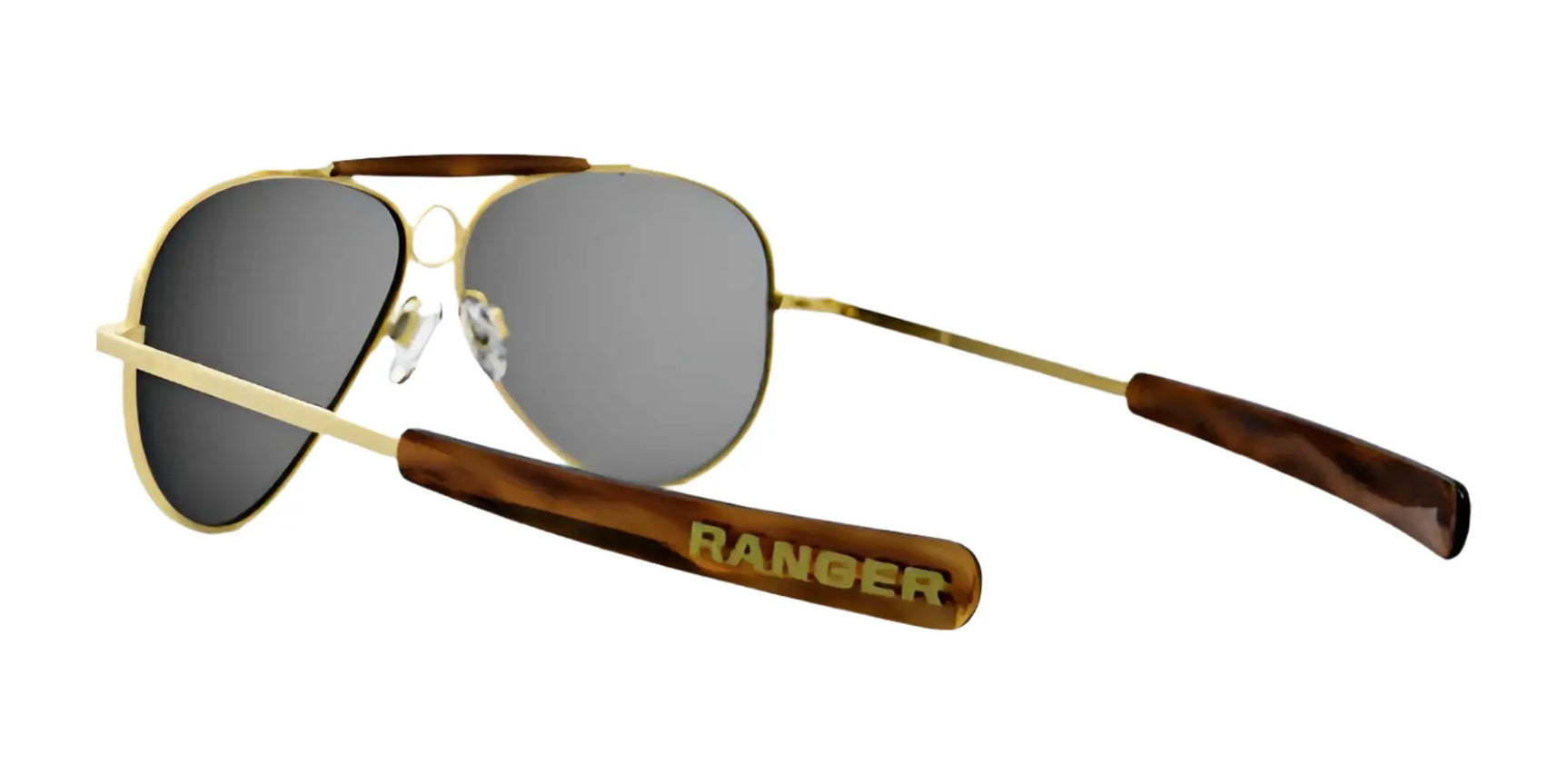 RE Ranger Heritage Eyewear Sunglasses (Size 61)—gold aviator frames with dark lenses, brown arms, and "RANGER" engraved on the left arm—ideal for shooting enthusiasts. RE Ranger Heritage Eyewear Sunglasses (Size 61)—gold aviator frames with dark lenses, brown arms, and "RANGER" engraved on the left arm—ideal for shooting enthusiasts.