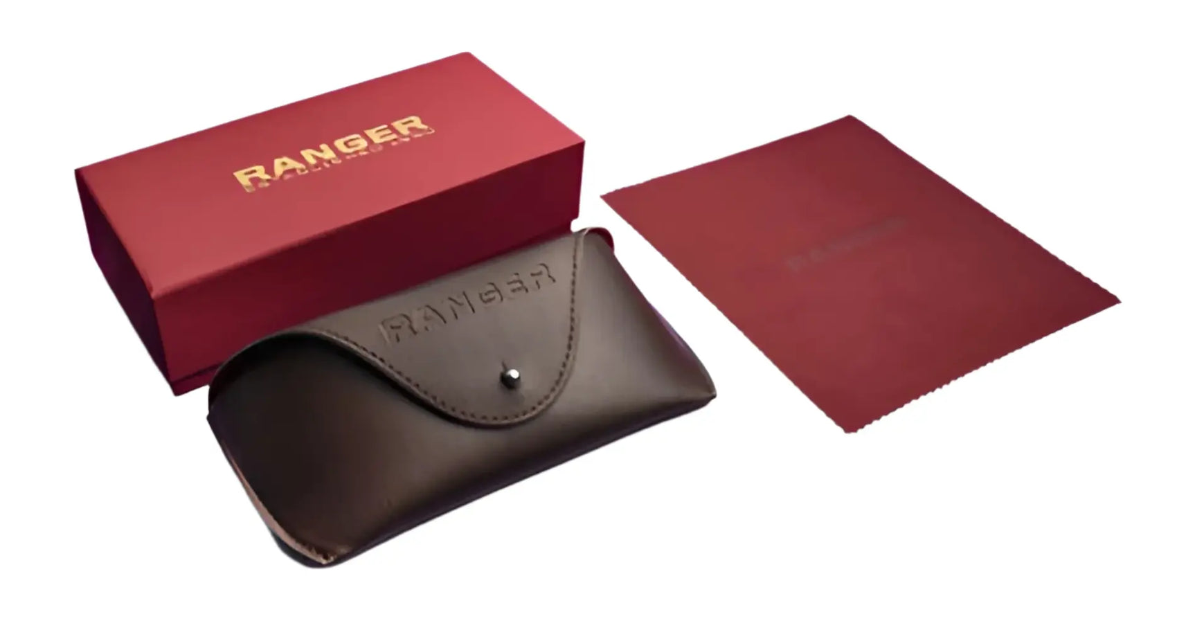 A brown glasses case, a red cleaning cloth, and the red RE Ranger Heritage Eyewear Sunglasses box (Size 61) by RE Ranger are displayed on a white background. A brown glasses case, a red cleaning cloth, and the red RE Ranger Heritage Eyewear Sunglasses box (Size 61) by RE Ranger are displayed on a white background.