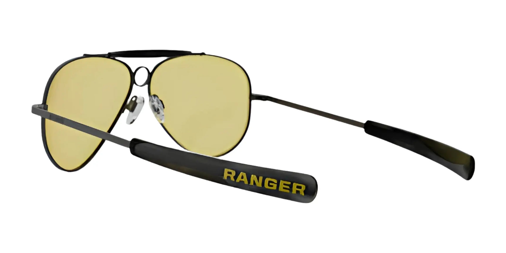 The RE Ranger Heritage Eyewear Sunglasses in size 61 feature black aviator frames with yellow-tinted lenses and "RANGER" in yellow on the temple—perfect for shooting enthusiasts who value style and performance. The RE Ranger Heritage Eyewear Sunglasses in size 61 feature black aviator frames with yellow-tinted lenses and "RANGER" in yellow on the temple—perfect for shooting enthusiasts who value style and performance.