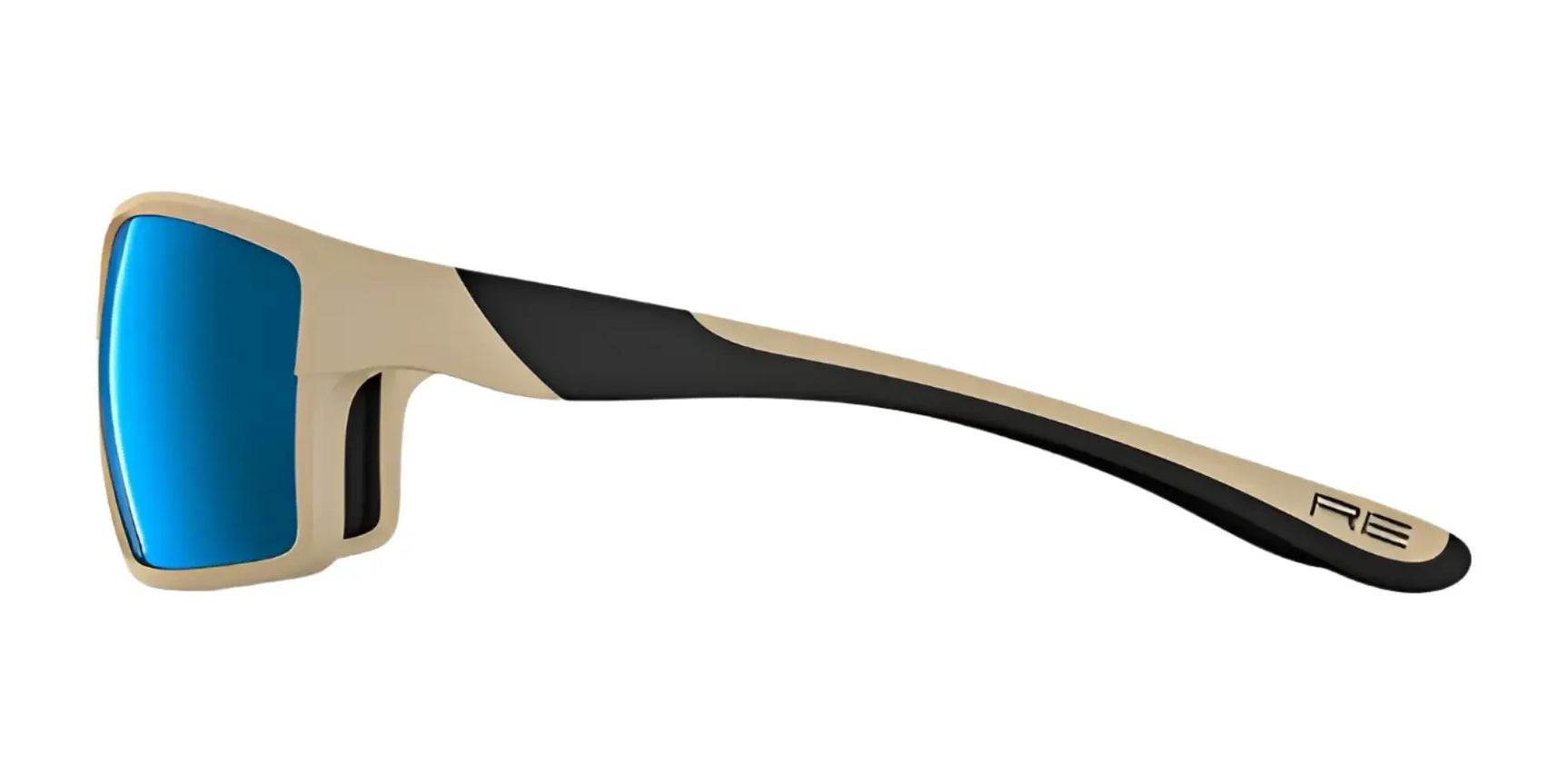 Side view of RE Ranger Marshall Sunglasses | Size 64 in beige and black, featuring blue Clearsight Lens Technology and "RE" logo on the arm—ideal for outdoor activities, shown against a white background. Side view of RE Ranger Marshall Sunglasses | Size 64 in beige and black, featuring blue Clearsight Lens Technology and "RE" logo on the arm—ideal for outdoor activities, shown against a white background.