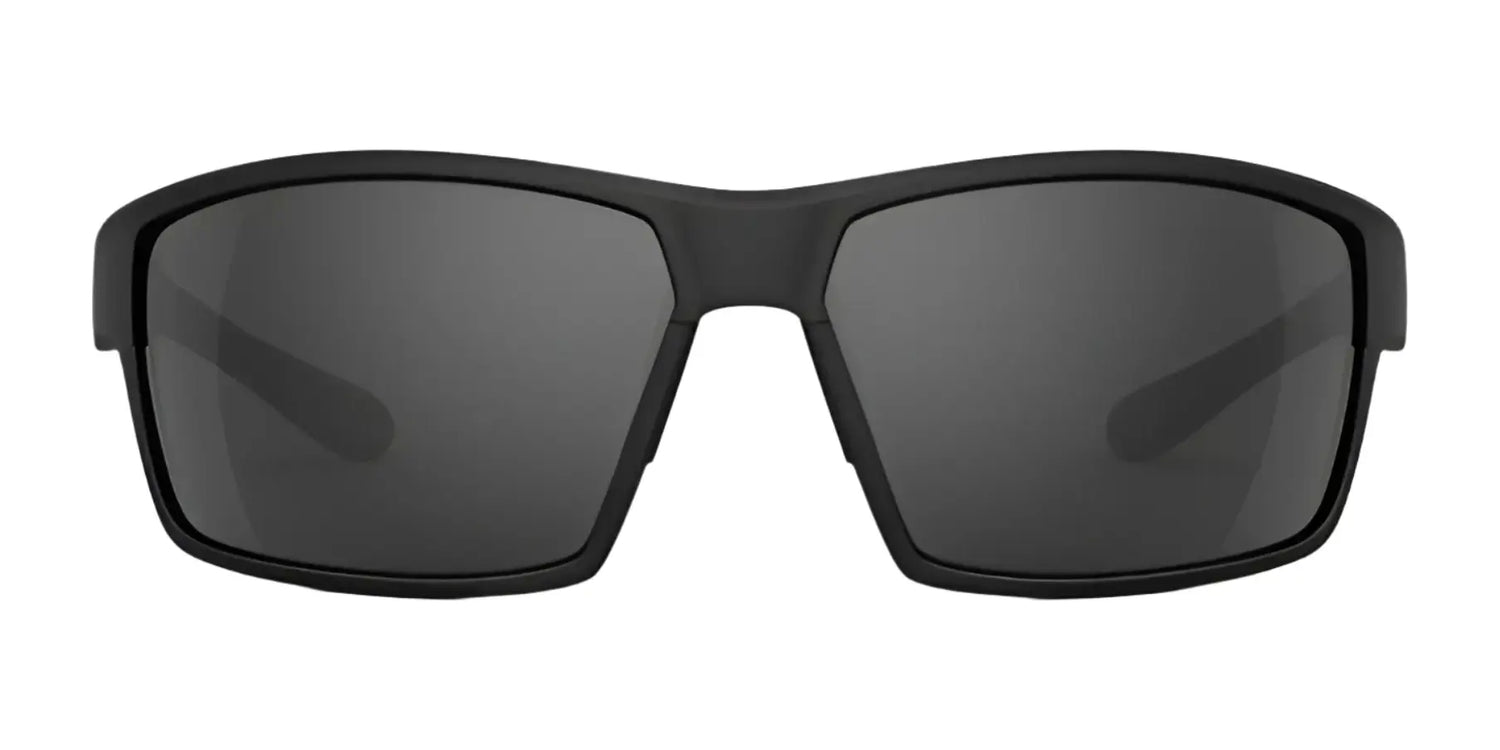 The RE Ranger Marshall Sunglasses | Size 64 by RE Ranger feature black wraparound frames and Clearsight Lens Technology with dark lenses, shown from the front on a white background—ideal for outdoor activities. The RE Ranger Marshall Sunglasses | Size 64 by RE Ranger feature black wraparound frames and Clearsight Lens Technology with dark lenses, shown from the front on a white background—ideal for outdoor activities.
