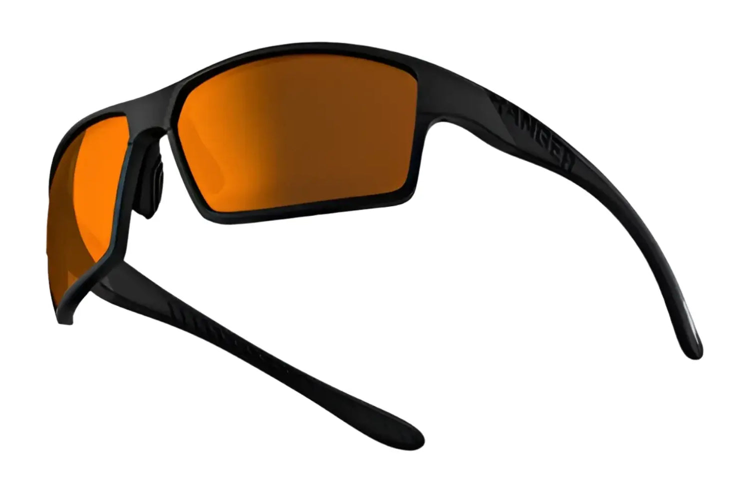 The RE Ranger Marshall Sunglasses | Size 64 by RE Ranger are black sport sunglasses with orange-tinted lenses, featuring Clearsight Lens Technology for enhanced clarity, shown from side and rear angles on a white background. The RE Ranger Marshall Sunglasses | Size 64 by RE Ranger are black sport sunglasses with orange-tinted lenses, featuring Clearsight Lens Technology for enhanced clarity, shown from side and rear angles on a white background.