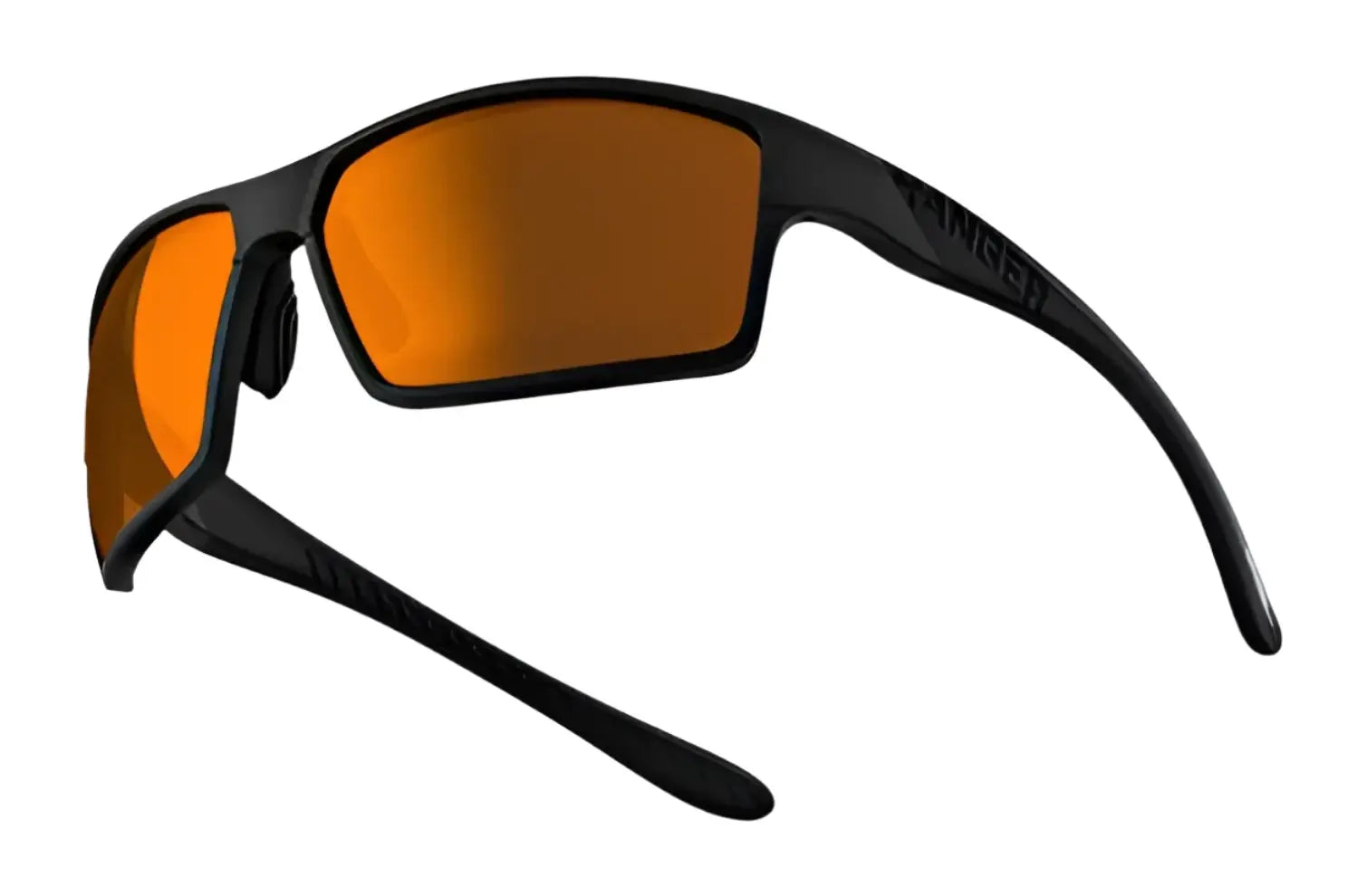 The RE Ranger Marshall Sunglasses | Size 64 by RE Ranger are black sport sunglasses with orange-tinted lenses, featuring Clearsight Lens Technology for enhanced clarity, shown from side and rear angles on a white background. The RE Ranger Marshall Sunglasses | Size 64 by RE Ranger are black sport sunglasses with orange-tinted lenses, featuring Clearsight Lens Technology for enhanced clarity, shown from side and rear angles on a white background.