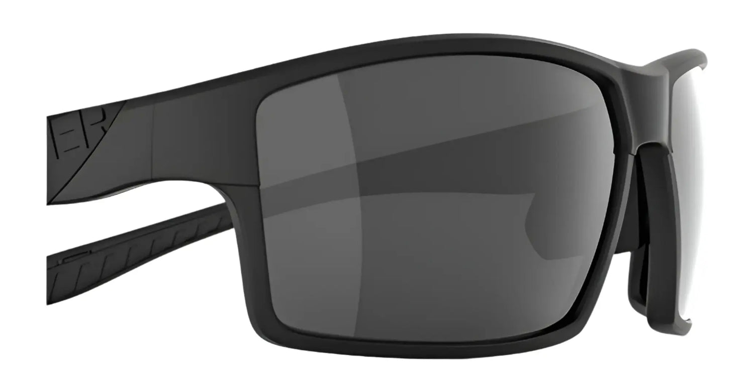 Close-up of RE Ranger Marshall Sunglasses | Size 64—black wraparound sport sunglasses with dark tinted Clearsight Lens Technology, perfect for outdoor activities. Close-up of RE Ranger Marshall Sunglasses | Size 64—black wraparound sport sunglasses with dark tinted Clearsight Lens Technology, perfect for outdoor activities.