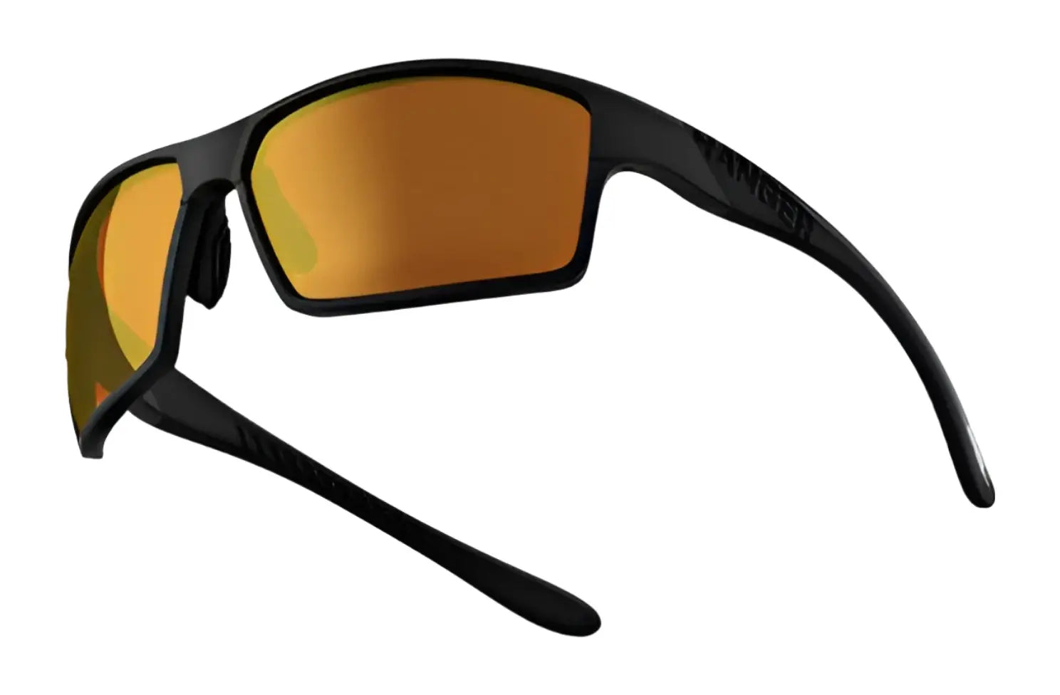 The RE Ranger Marshall Sunglasses | Size 64, by RE Ranger, are black sport sunglasses with orange mirrored Clearsight lenses—ideal for outdoor activities. Displayed on a crisp white background. The RE Ranger Marshall Sunglasses | Size 64, by RE Ranger, are black sport sunglasses with orange mirrored Clearsight lenses—ideal for outdoor activities. Displayed on a crisp white background.