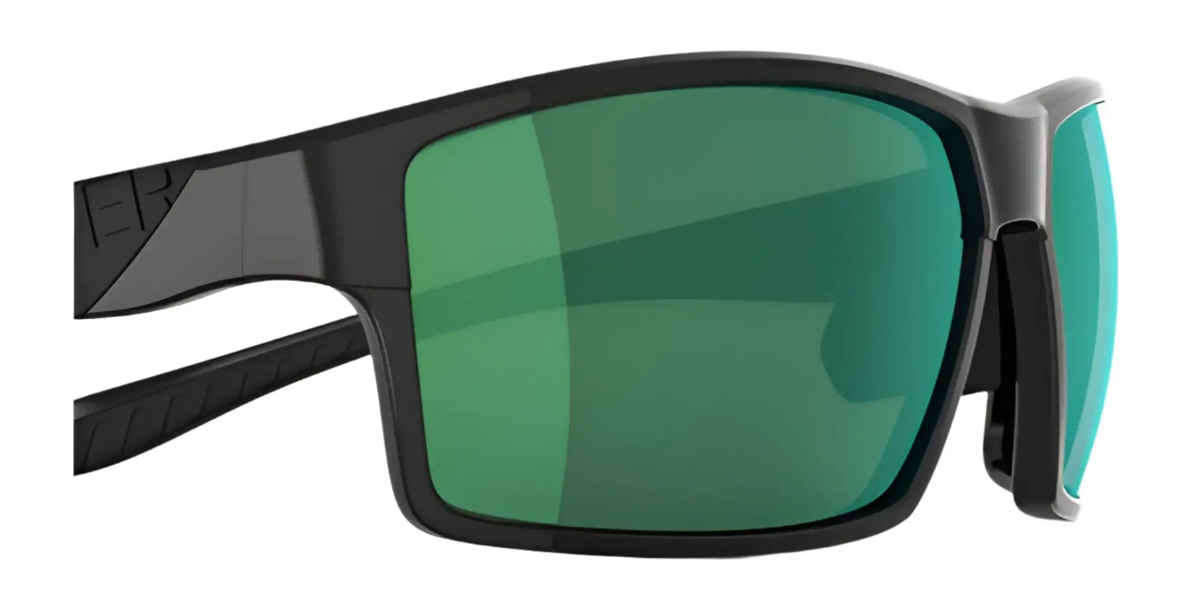 The RE Ranger Marshall Sunglasses | Size 64 by RE Ranger feature wide black frames and green reflective Clearsight Lens Technology, ideal for outdoor activities, shown from an angled side view. The RE Ranger Marshall Sunglasses | Size 64 by RE Ranger feature wide black frames and green reflective Clearsight Lens Technology, ideal for outdoor activities, shown from an angled side view.