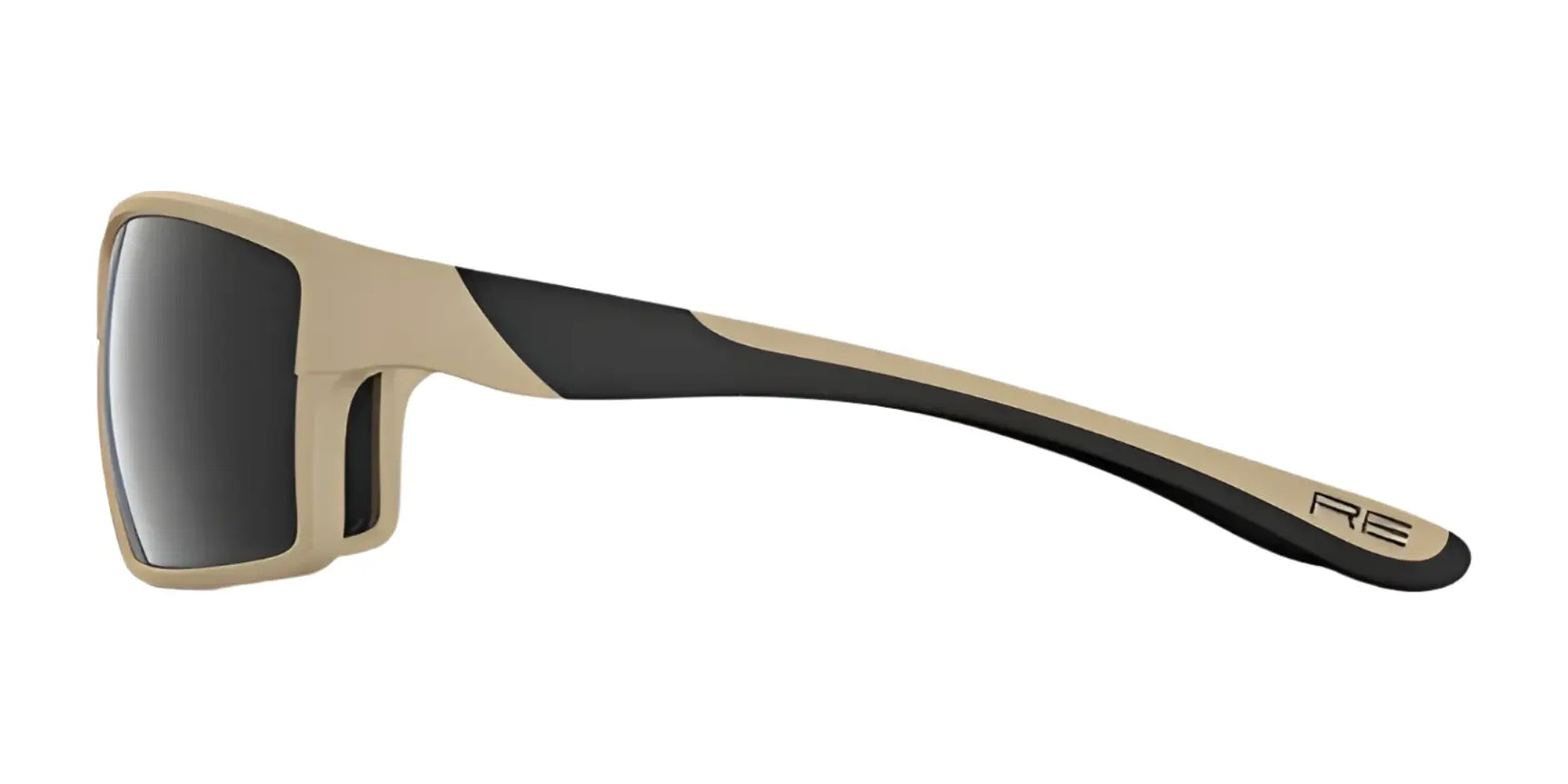 Side view of RE Ranger Marshall Sunglasses | Size 64 in beige and black with thick frame, "RE" logo on the temple, and Clearsight Lens Technology—ideal for outdoor activities. Side view of RE Ranger Marshall Sunglasses | Size 64 in beige and black with thick frame, "RE" logo on the temple, and Clearsight Lens Technology—ideal for outdoor activities.