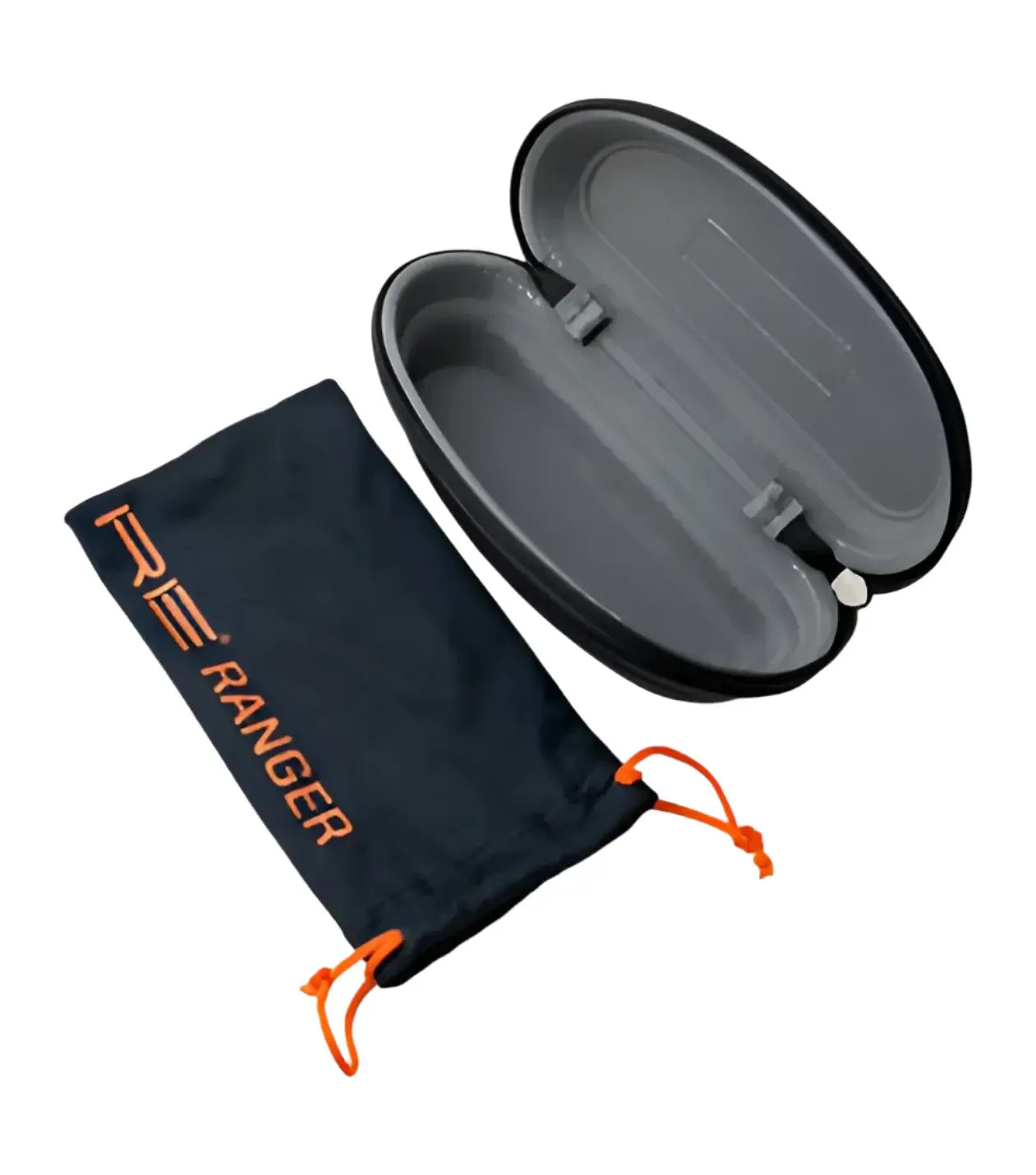 Black RE Ranger Marshall Sunglasses case, open to reveal the interior, sits beside a RE Ranger drawstring pouch—ideal for storing your sport sunglasses with Clearsight Lens Technology after outdoor use. Black RE Ranger Marshall Sunglasses case, open to reveal the interior, sits beside a RE Ranger drawstring pouch—ideal for storing your sport sunglasses with Clearsight Lens Technology after outdoor use.