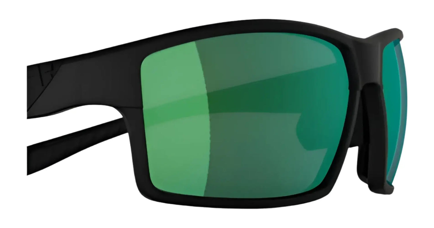 Close-up of RE Ranger Marshall Sunglasses | Size 64 by RE Ranger, featuring large rectangular black frames and reflective green lenses with Clearsight Lens Technology—ideal for outdoor activities. Close-up of RE Ranger Marshall Sunglasses | Size 64 by RE Ranger, featuring large rectangular black frames and reflective green lenses with Clearsight Lens Technology—ideal for outdoor activities.