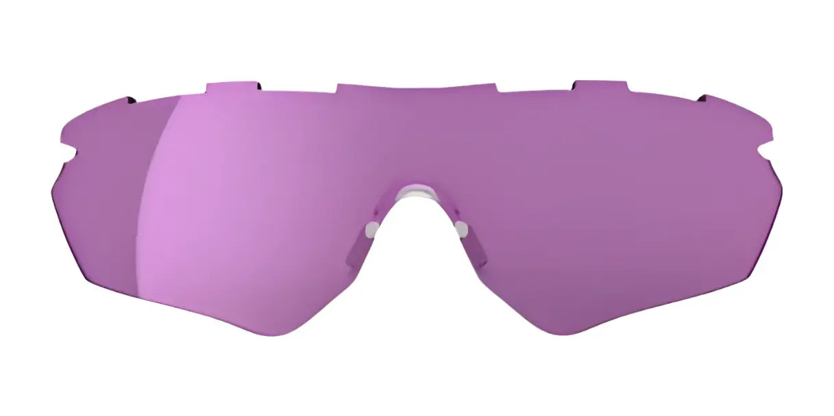The RE Ranger Phantom 2.0 Lens by RE Ranger is a wide, frameless sunglass lens with a reflective purple tint and Claysight lens technology for top shooting performance. Displayed against a white background. The RE Ranger Phantom 2.0 Lens by RE Ranger is a wide, frameless sunglass lens with a reflective purple tint and Claysight lens technology for top shooting performance. Displayed against a white background.