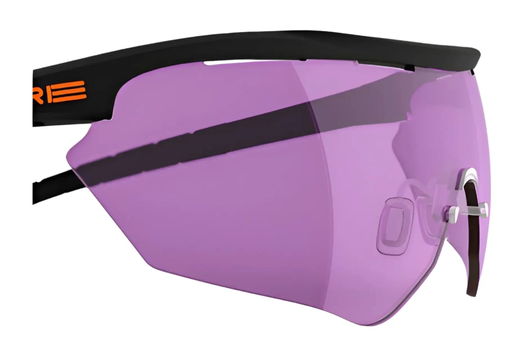 Close-up of RE Ranger Phantom 2.0 Lens sports sunglasses by RE Ranger, featuring a black frame and purple-tinted Claysight wraparound lens—ideal shooting eyewear for superior clarity and protection. Close-up of RE Ranger Phantom 2.0 Lens sports sunglasses by RE Ranger, featuring a black frame and purple-tinted Claysight wraparound lens—ideal shooting eyewear for superior clarity and protection.
