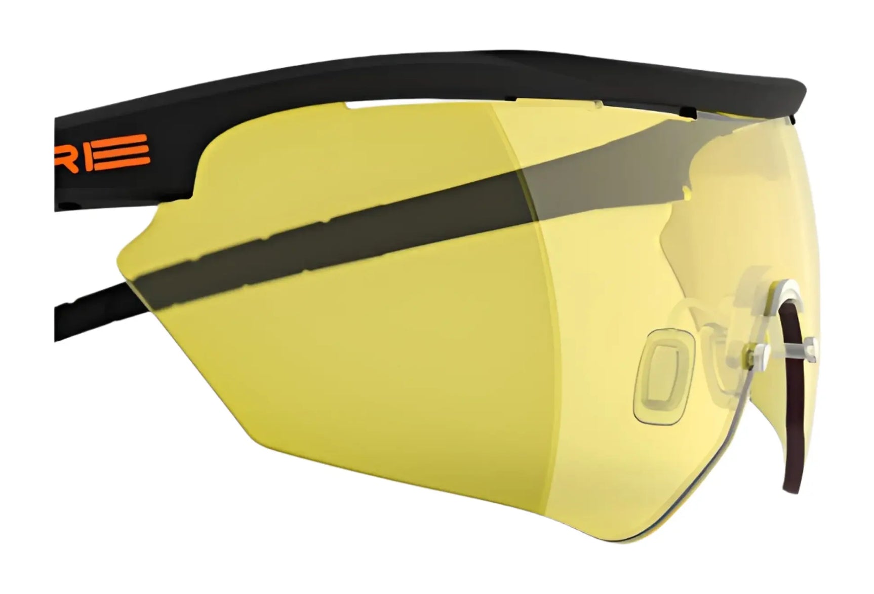 Close-up of RE Ranger Phantom 2.0 Lens sports sunglasses with Claysight lens technology, a black frame, and an orange logo—ideal shooting eyewear from RE Ranger. Close-up of RE Ranger Phantom 2.0 Lens sports sunglasses with Claysight lens technology, a black frame, and an orange logo—ideal shooting eyewear from RE Ranger.