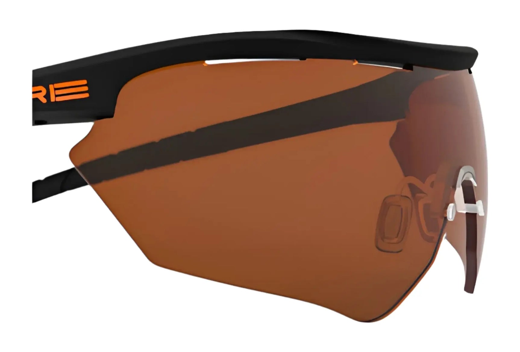 Close-up of RE Ranger Phantom 2.0 Lens by RE Ranger, featuring a black frame and large brown-tinted Claysight lens for enhanced clarity. Close-up of RE Ranger Phantom 2.0 Lens by RE Ranger, featuring a black frame and large brown-tinted Claysight lens for enhanced clarity.