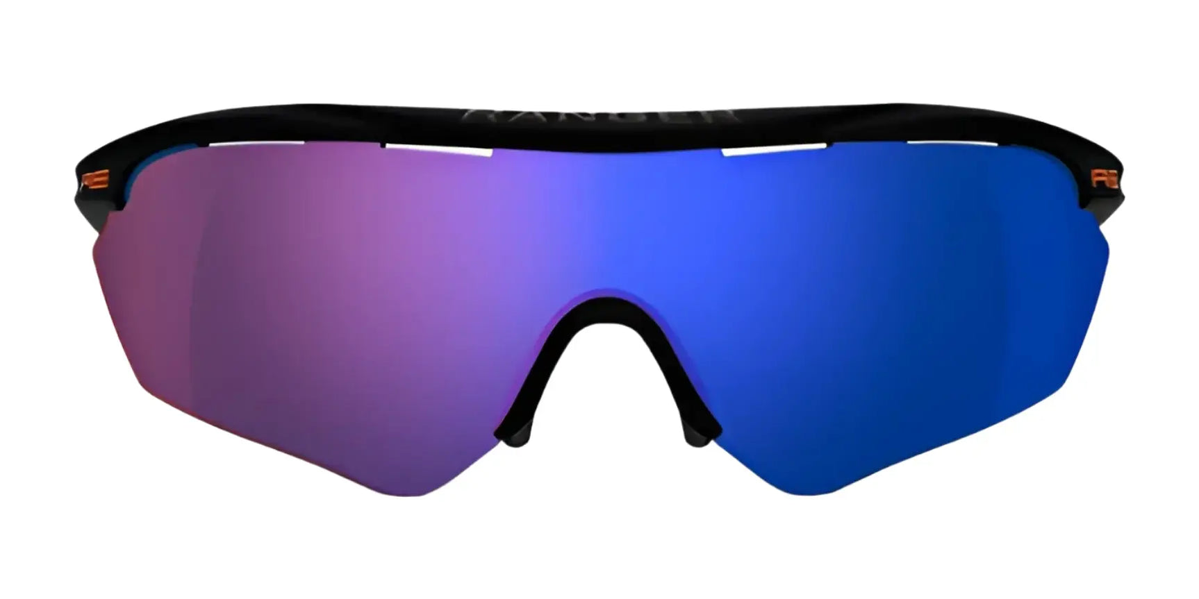 The RE Ranger Phantom 2.0 Shooting Sunglasses (Size 146) feature a black frame and large, reflective blue and purple Claysight lenses, ideal for shooting sports; shown on a white background. The RE Ranger Phantom 2.0 Shooting Sunglasses (Size 146) feature a black frame and large, reflective blue and purple Claysight lenses, ideal for shooting sports; shown on a white background.