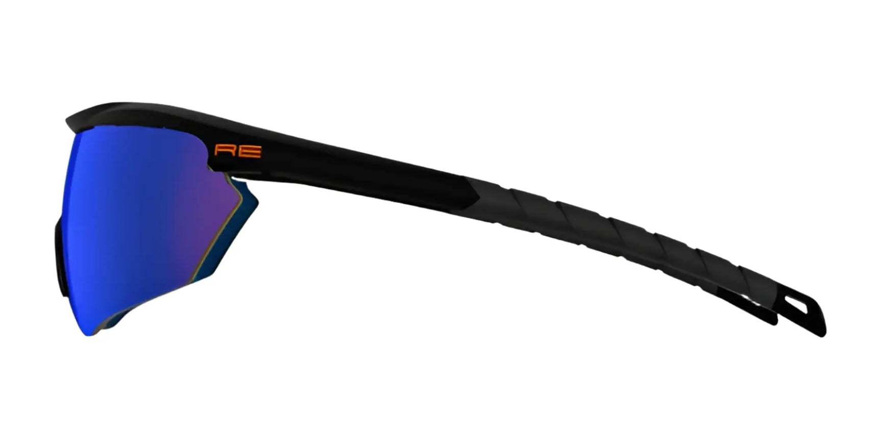 RE Ranger Phantom 2.0 Shooting Sunglasses in size 146, featuring blue Claysight lenses and an "RE" logo on the side, are shown from a side view. RE Ranger Phantom 2.0 Shooting Sunglasses in size 146, featuring blue Claysight lenses and an "RE" logo on the side, are shown from a side view.