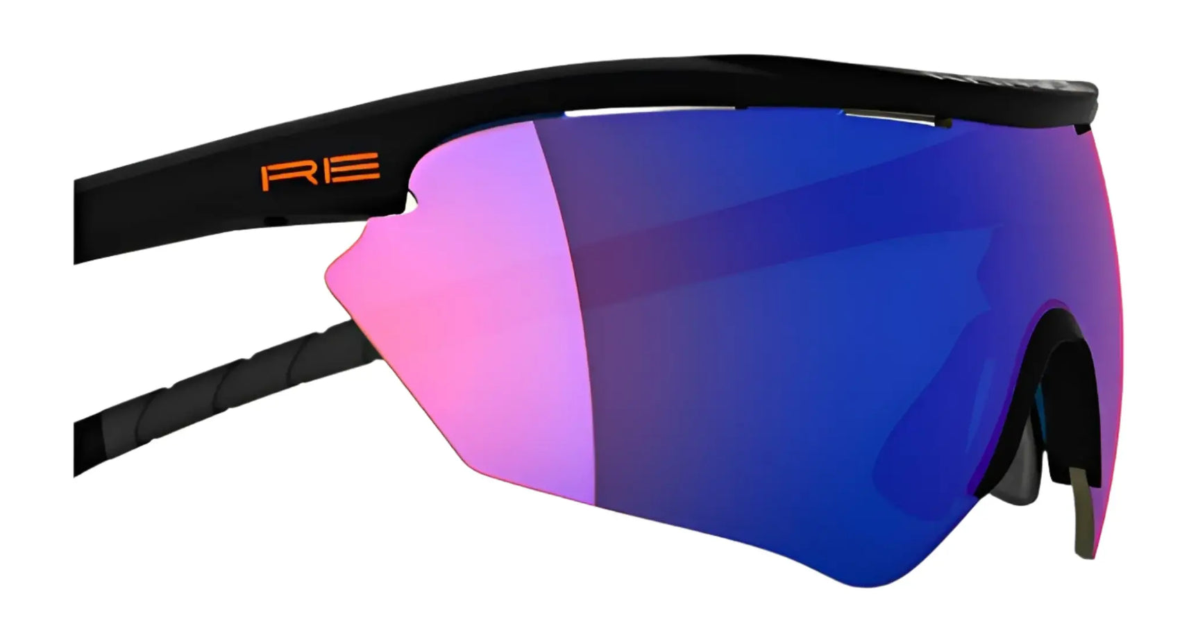 Close-up of RE Ranger Phantom 2.0 Shooting Sunglasses (Size 146) with black frame, blue-purple mirrored Claysight lenses, and orange "RE" logo—combining performance design and sharp vision from RE Ranger. Close-up of RE Ranger Phantom 2.0 Shooting Sunglasses (Size 146) with black frame, blue-purple mirrored Claysight lenses, and orange "RE" logo—combining performance design and sharp vision from RE Ranger.