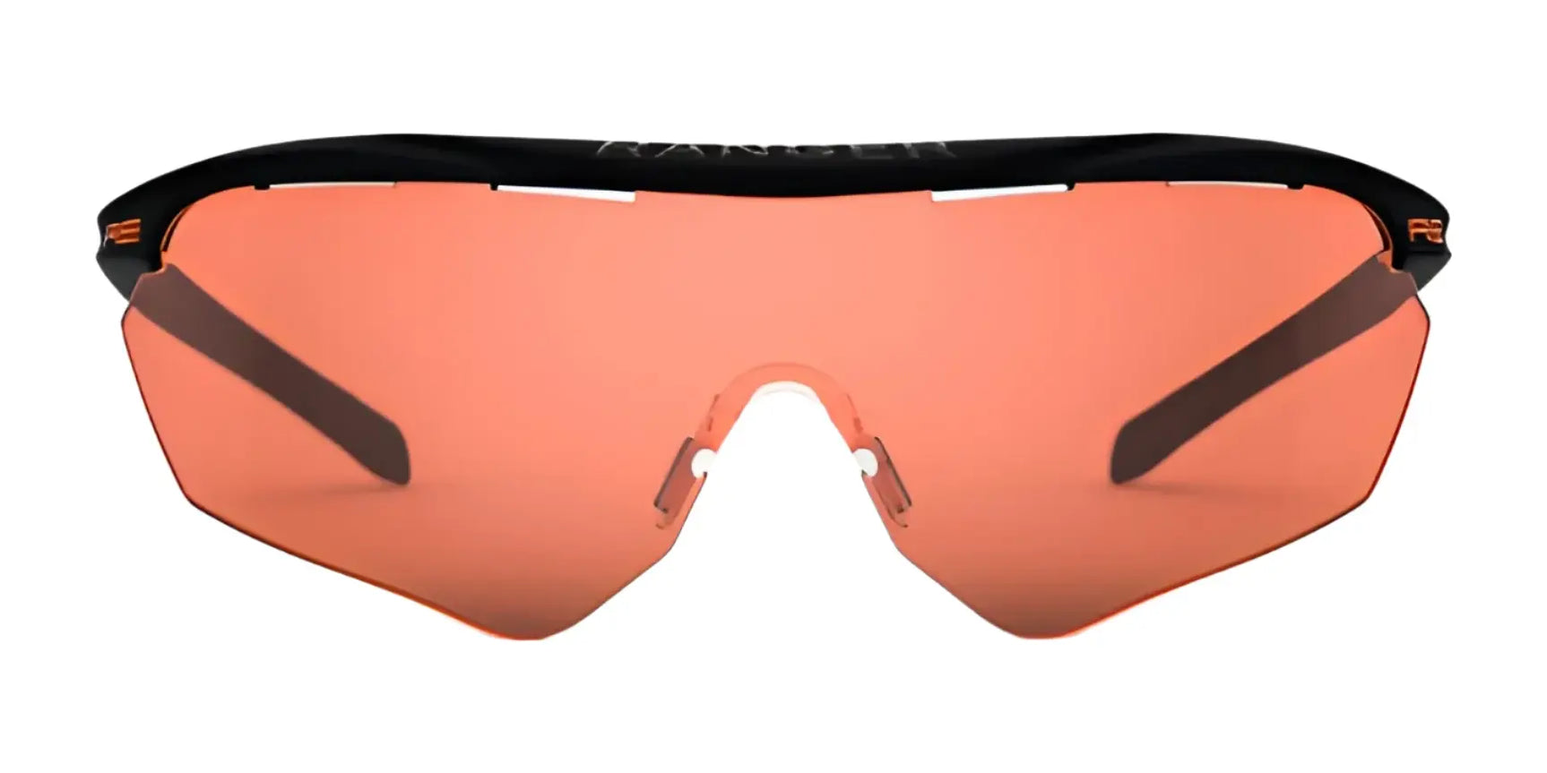 The RE Ranger Phantom 2.0 Shooting Sunglasses (Size 146) feature an orange-tinted single wraparound Claysight lens with black frame accents, set against a white background. The RE Ranger Phantom 2.0 Shooting Sunglasses (Size 146) feature an orange-tinted single wraparound Claysight lens with black frame accents, set against a white background.