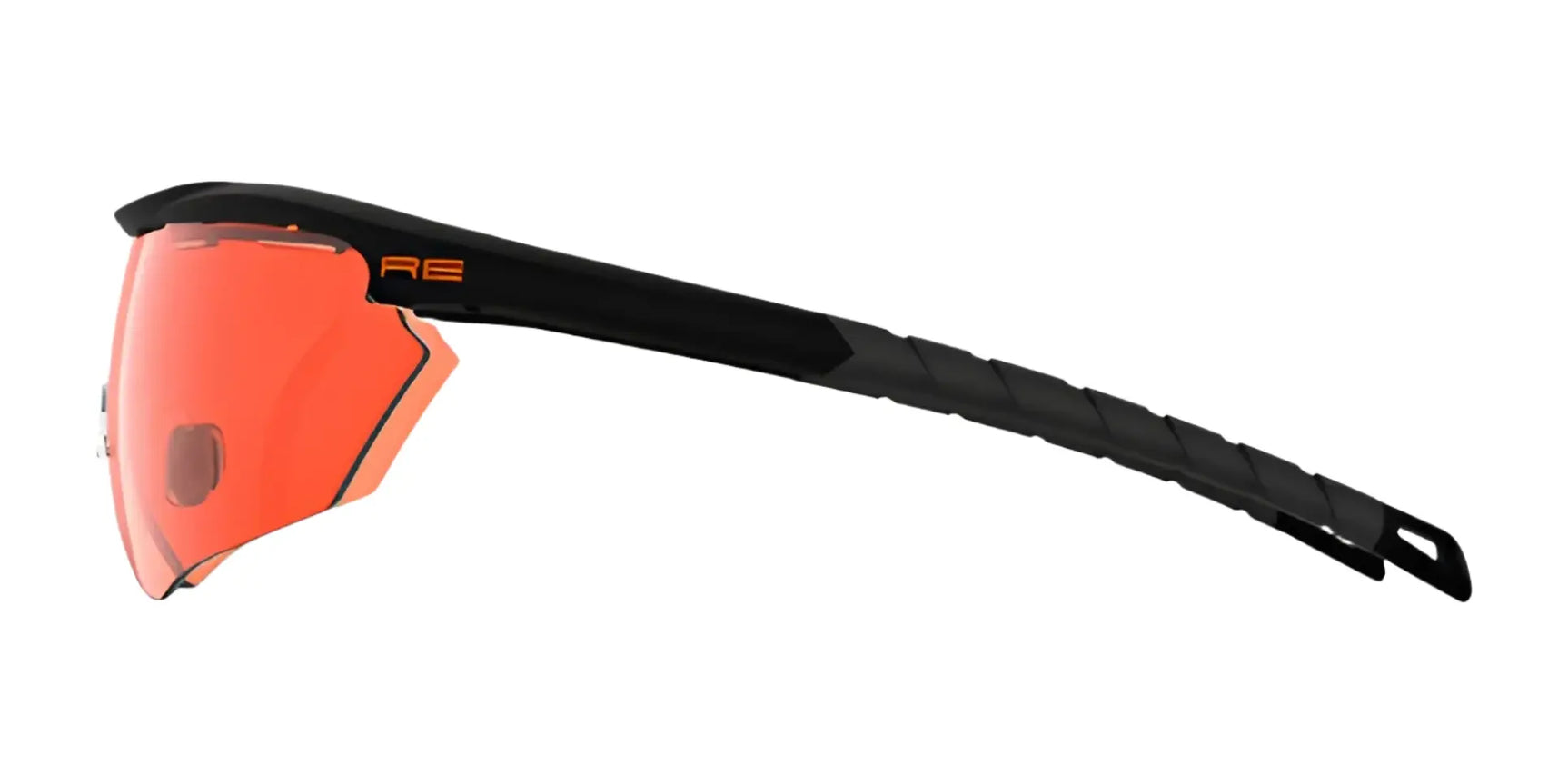 Side view of RE Ranger Phantom 2.0 Shooting Sunglasses by RE Ranger in black and orange, featuring a wraparound design and single Claysight orange lens, size 146. Side view of RE Ranger Phantom 2.0 Shooting Sunglasses by RE Ranger in black and orange, featuring a wraparound design and single Claysight orange lens, size 146.