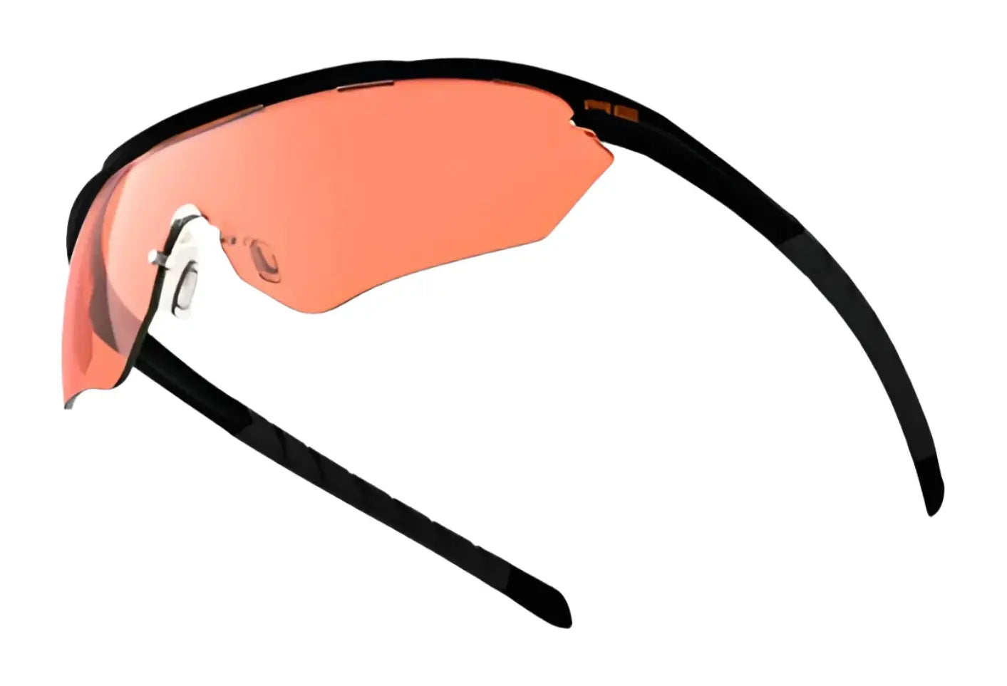 The RE Ranger Phantom 2.0 Shooting Sunglasses (Size 146) feature a black frame and a single orange-tinted Claysight lens, displayed against a white background. The RE Ranger Phantom 2.0 Shooting Sunglasses (Size 146) feature a black frame and a single orange-tinted Claysight lens, displayed against a white background.