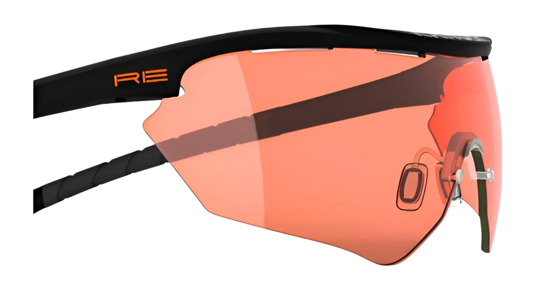 Close-up of RE Ranger Phantom 2.0 Shooting Sunglasses (Size 146) with orange-tinted Claysight lenses, black frame, and "RE" logo on the side. Close-up of RE Ranger Phantom 2.0 Shooting Sunglasses (Size 146) with orange-tinted Claysight lenses, black frame, and "RE" logo on the side.