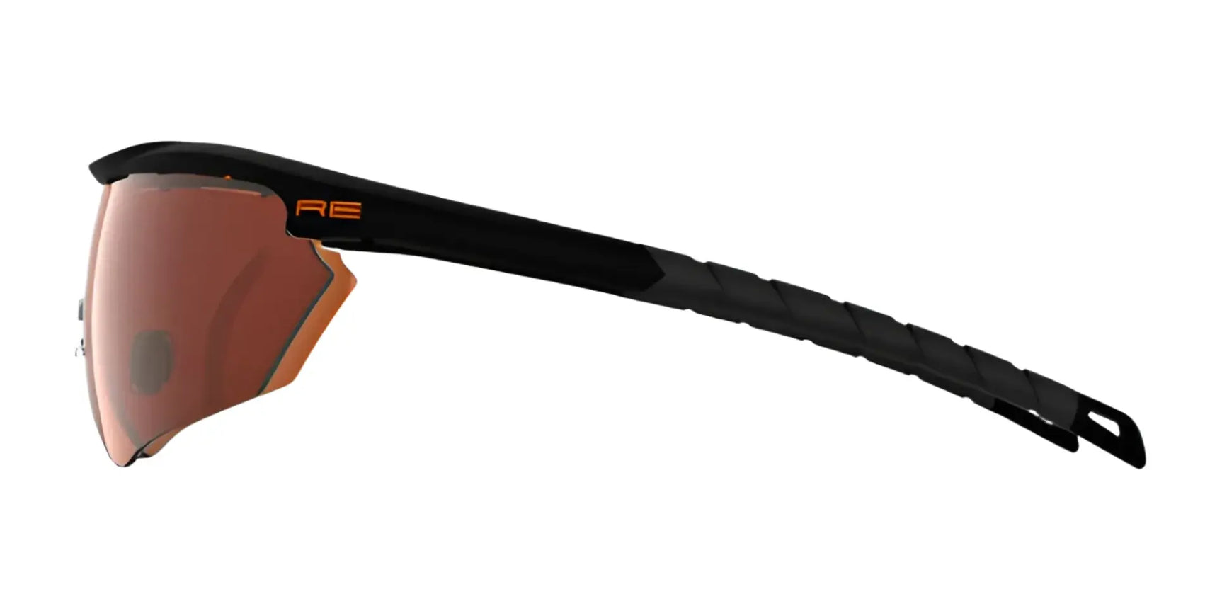 Side view of sporty, black RE Ranger Phantom 2.0 Shooting Sunglasses (Size 146) by RE Ranger with orange accents and dark lenses, shown on a white background. Side view of sporty, black RE Ranger Phantom 2.0 Shooting Sunglasses (Size 146) by RE Ranger with orange accents and dark lenses, shown on a white background.