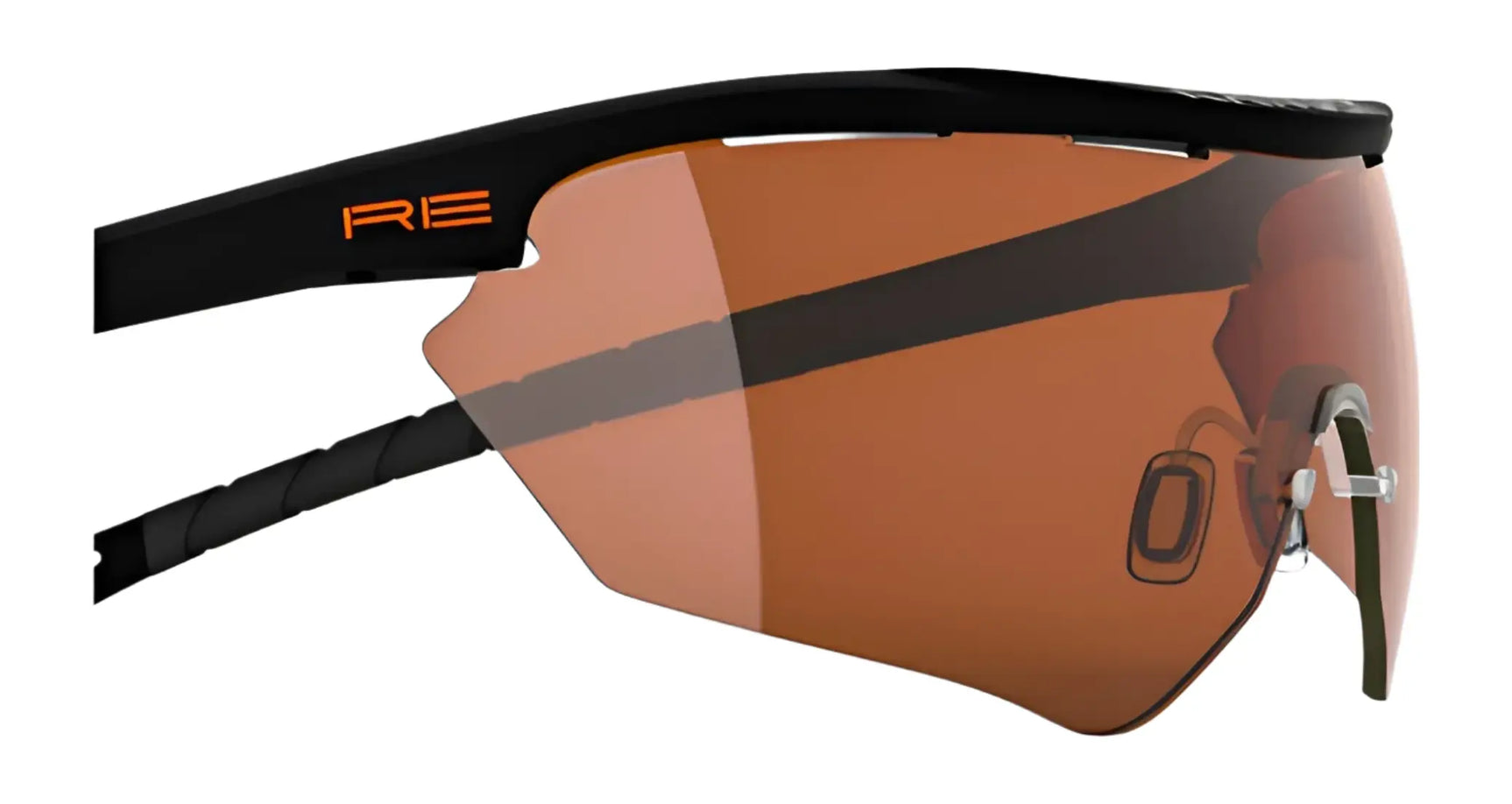 Close-up of RE Ranger Phantom 2.0 Shooting Sunglasses | Size 146, featuring an orange-tinted Claysight lens, black frame, and orange "RE" logo. Close-up of RE Ranger Phantom 2.0 Shooting Sunglasses | Size 146, featuring an orange-tinted Claysight lens, black frame, and orange "RE" logo.