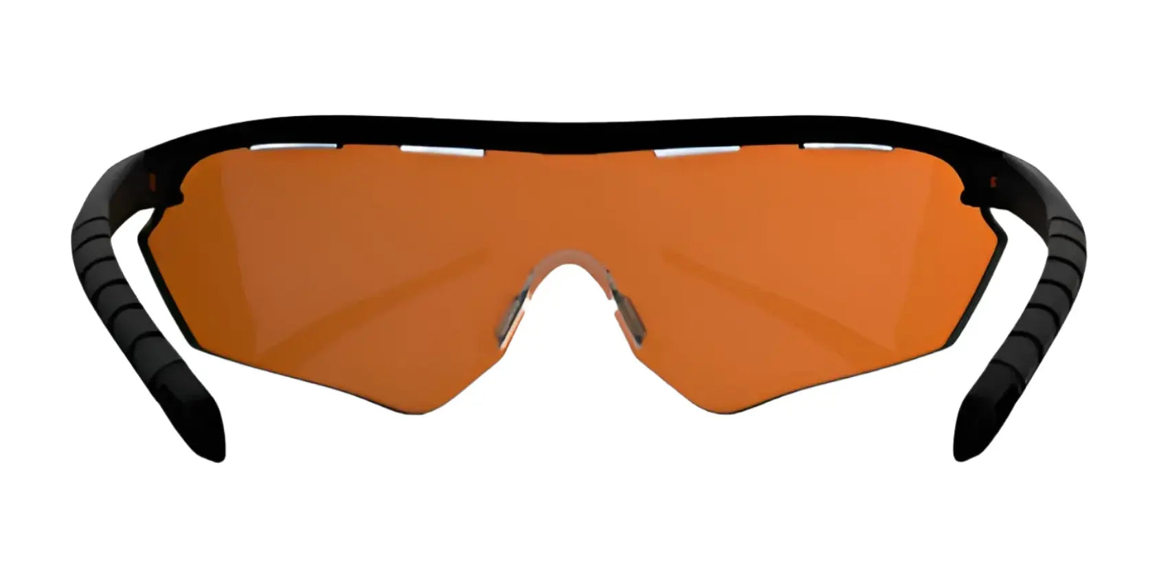 The RE Ranger Phantom 2.0 Shooting Sunglasses (Size 146) by RE Ranger feature orange-tinted Claysight wraparound lenses and black arms, shown from a front view. The RE Ranger Phantom 2.0 Shooting Sunglasses (Size 146) by RE Ranger feature orange-tinted Claysight wraparound lenses and black arms, shown from a front view.