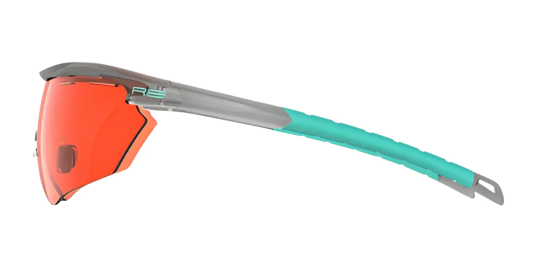 Side view of RE Ranger Phantom 2.0 Shooting Sunglasses (Size 146) by RE Ranger with Claysight orange lenses, gray frame, and turquoise arm on a white background. Side view of RE Ranger Phantom 2.0 Shooting Sunglasses (Size 146) by RE Ranger with Claysight orange lenses, gray frame, and turquoise arm on a white background.