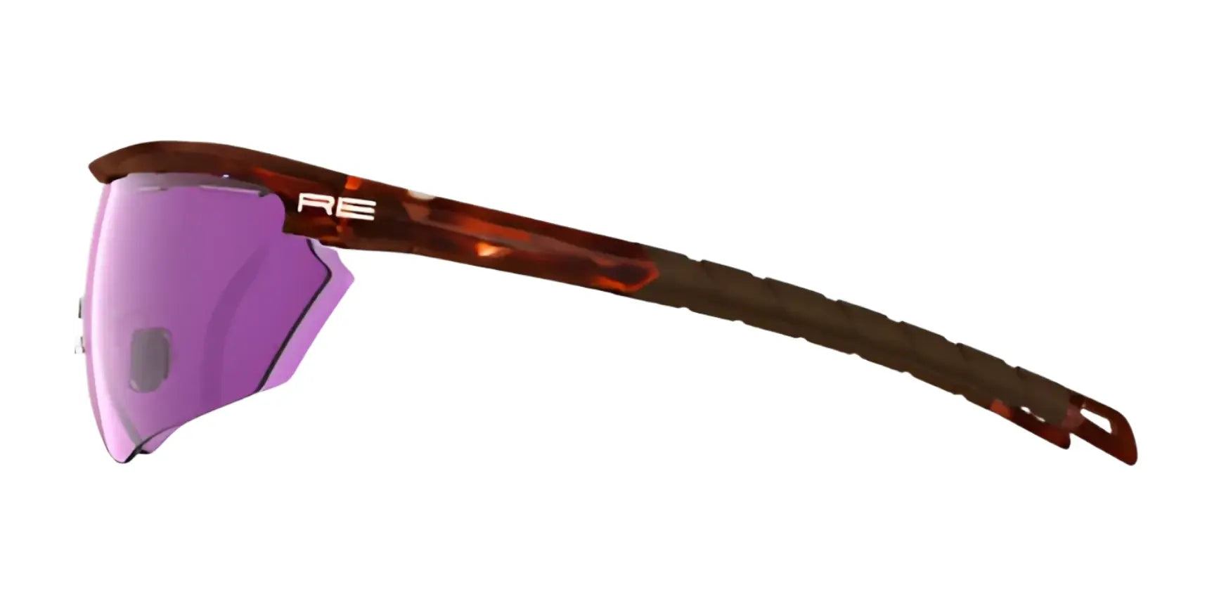 Side view of RE Ranger Phantom 2.0 Shooting Sunglasses by RE Ranger, size 146, with Claysight purple-tinted lenses and a brown patterned frame, shown on a white background. Side view of RE Ranger Phantom 2.0 Shooting Sunglasses by RE Ranger, size 146, with Claysight purple-tinted lenses and a brown patterned frame, shown on a white background.