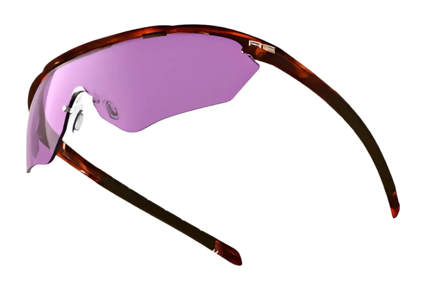 RE Ranger Phantom 2.0 Shooting Sunglasses by RE Ranger, size 146, with a brown frame and one-piece Claysight purple-tinted lenses, inspired by the iconic Phantom 2 style. Shown on a white background. RE Ranger Phantom 2.0 Shooting Sunglasses by RE Ranger, size 146, with a brown frame and one-piece Claysight purple-tinted lenses, inspired by the iconic Phantom 2 style. Shown on a white background.