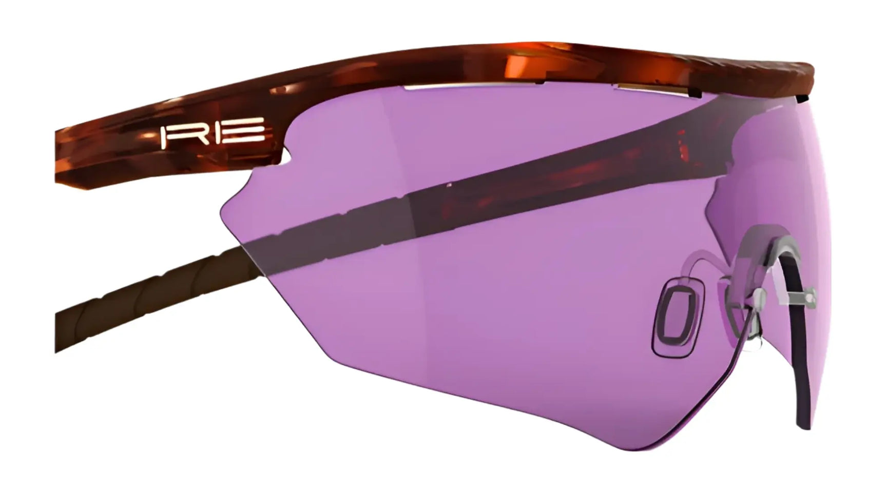 Side view of RE Ranger Phantom 2.0 Shooting Sunglasses (Size 146) with a brown frame, large Claysight lens, and white "RE" logo. Side view of RE Ranger Phantom 2.0 Shooting Sunglasses (Size 146) with a brown frame, large Claysight lens, and white "RE" logo.