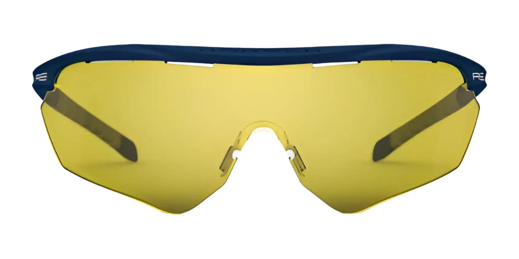 The RE Ranger Phantom 2.0 Shooting Sunglasses (Size 146) feature yellow Claysight lenses and a blue frame, shown from the front on a white background. Part of the RE Ranger Phantom collection. The RE Ranger Phantom 2.0 Shooting Sunglasses (Size 146) feature yellow Claysight lenses and a blue frame, shown from the front on a white background. Part of the RE Ranger Phantom collection.