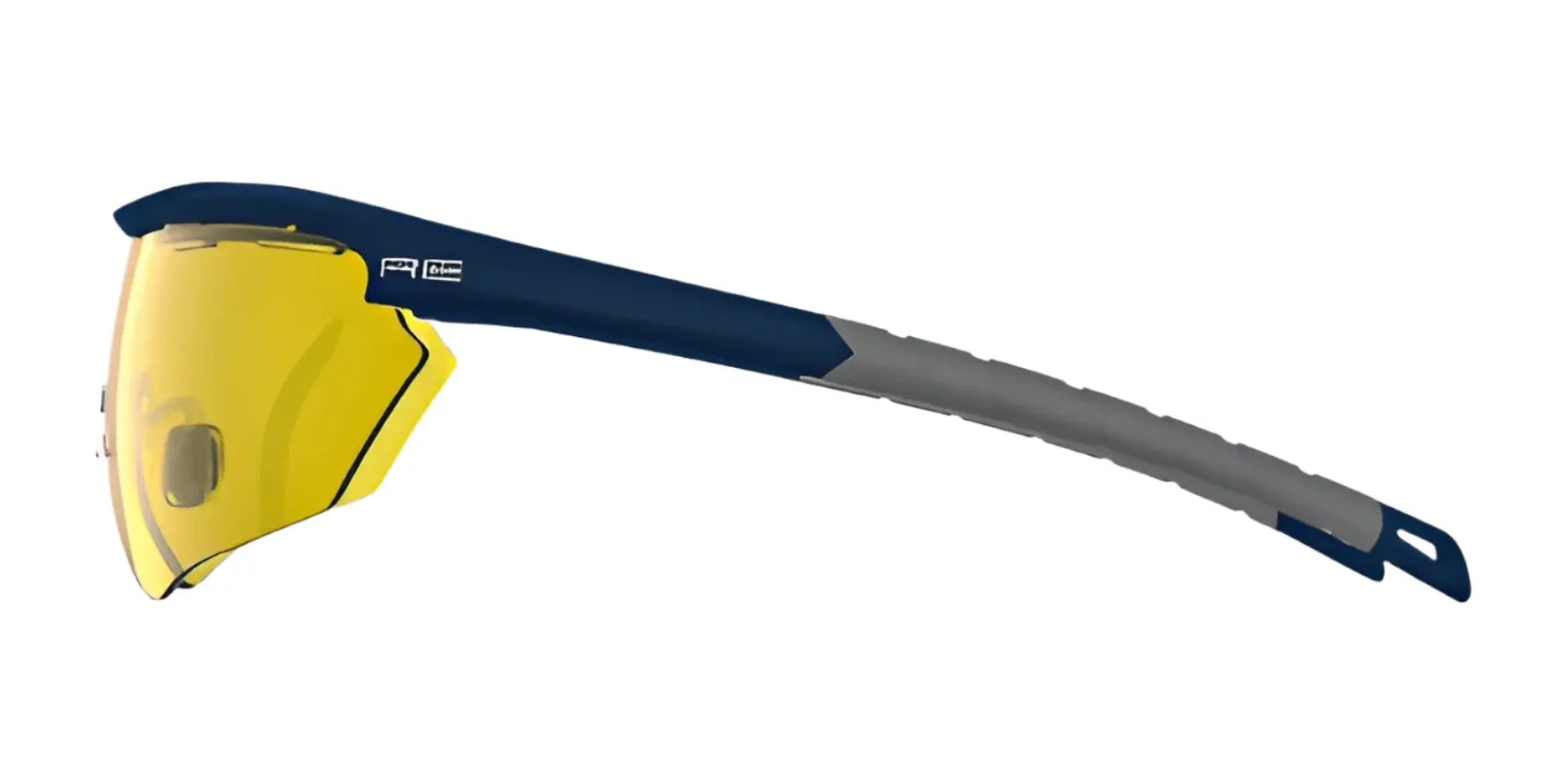 Side view of RE Ranger Phantom 2.0 Shooting Sunglasses (Size 146) with yellow Claysight lenses, blue frame, and gray rubberized temple tip on white background. Side view of RE Ranger Phantom 2.0 Shooting Sunglasses (Size 146) with yellow Claysight lenses, blue frame, and gray rubberized temple tip on white background.