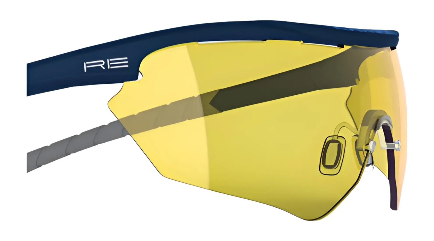 The RE Ranger Phantom 2.0 Shooting Sunglasses (Size 146) feature yellow Claysight lenses, a navy blue frame, and a white "RE" logo on the side. The RE Ranger Phantom 2.0 Shooting Sunglasses (Size 146) feature yellow Claysight lenses, a navy blue frame, and a white "RE" logo on the side.