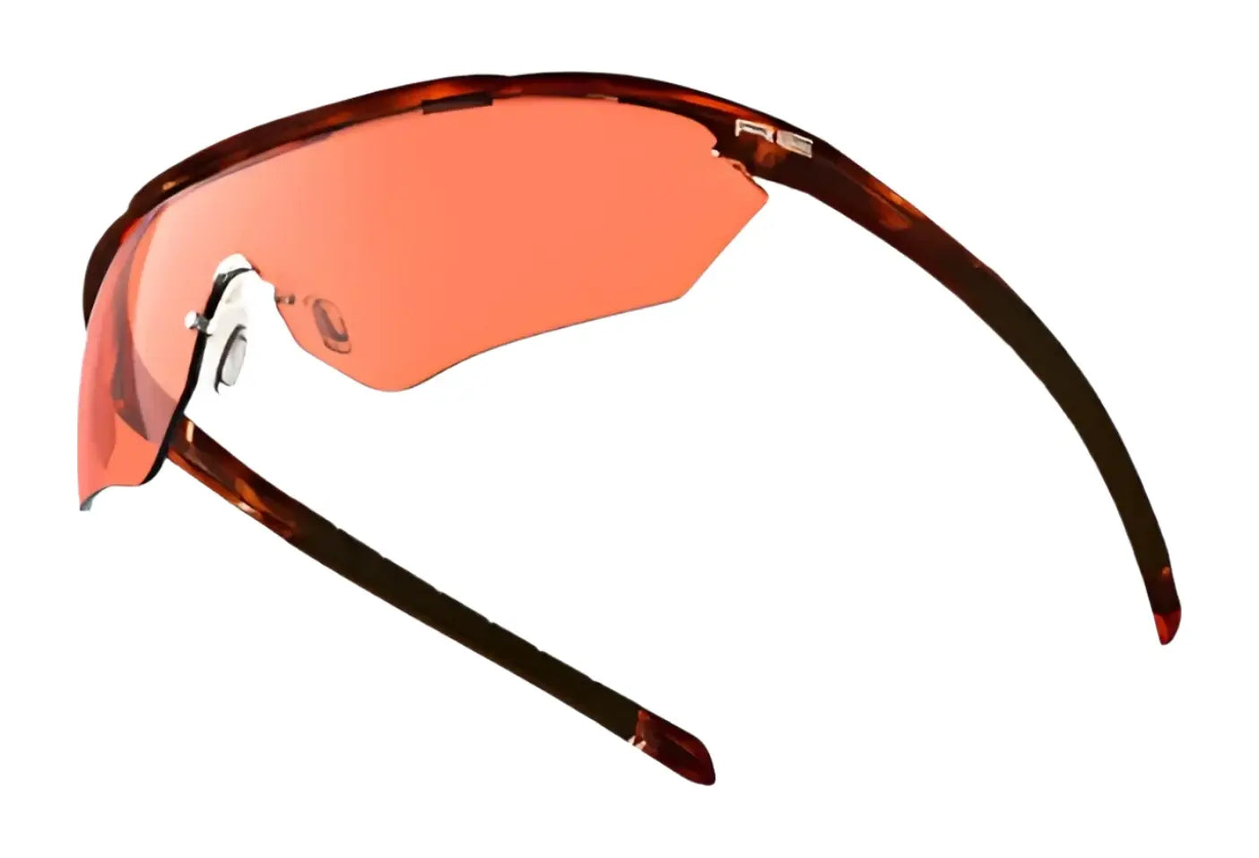 Red-tinted Claysight lenses enhance the RE Ranger Phantom 2.0 Shooting Sunglasses | Size 146, featuring a wraparound, semi-rimless brown frame on a white background. Red-tinted Claysight lenses enhance the RE Ranger Phantom 2.0 Shooting Sunglasses | Size 146, featuring a wraparound, semi-rimless brown frame on a white background.