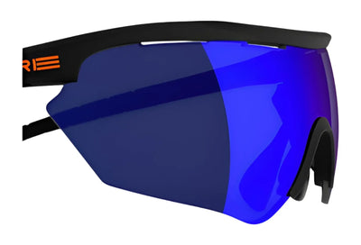 The RE Ranger Phantom Sport Lens by RE Ranger features a black frame and large blue mirrored shooting lenses, ideal for outdoor activities against a white background.