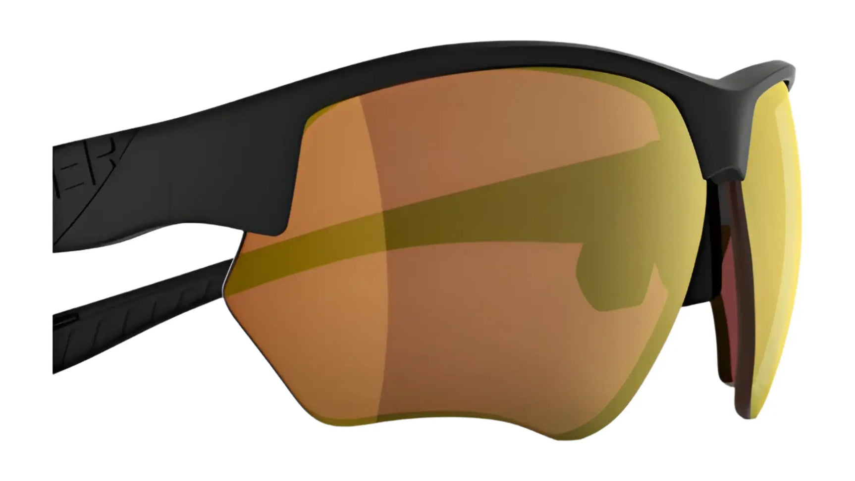 Close-up of RE Ranger Phoenix Shooting Sunglasses | Size 67, featuring a black frame and large reflective orange-tinted lenses with Clearsight Lens Technology for superior clarity during outdoor activities. Close-up of RE Ranger Phoenix Shooting Sunglasses | Size 67, featuring a black frame and large reflective orange-tinted lenses with Clearsight Lens Technology for superior clarity during outdoor activities.