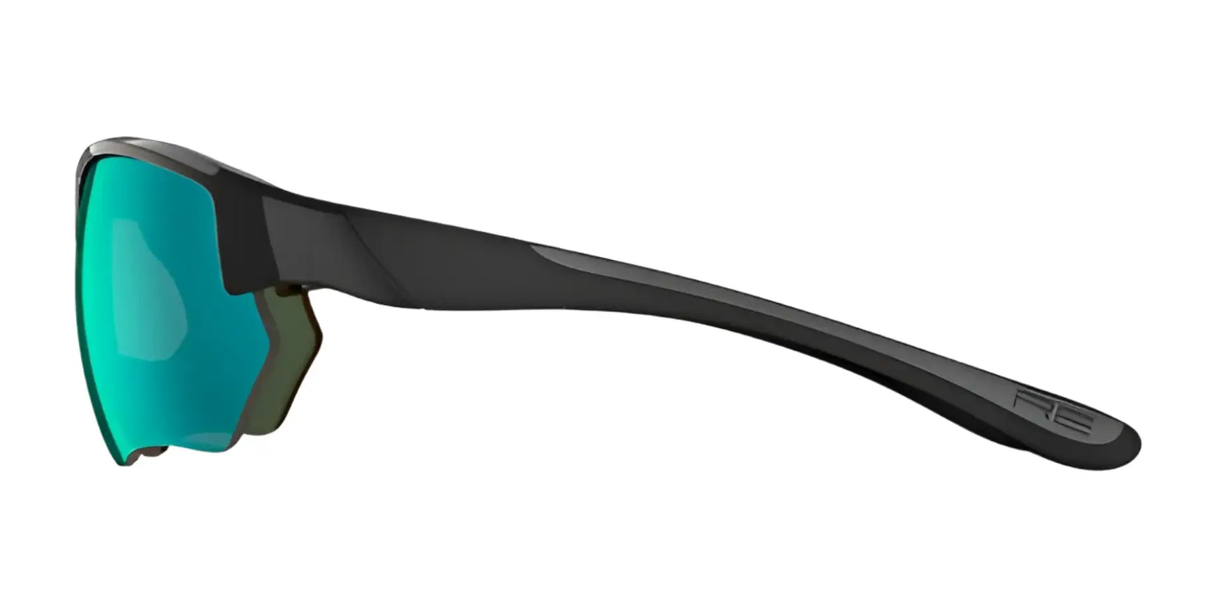 Side view of RE Ranger Phoenix Shooting Sunglasses in black with green reflective Clearsight Lens Technology, designed for outdoor activities, shown on a white background. Brand: RE Ranger. Size 67. Side view of RE Ranger Phoenix Shooting Sunglasses in black with green reflective Clearsight Lens Technology, designed for outdoor activities, shown on a white background. Brand: RE Ranger. Size 67.