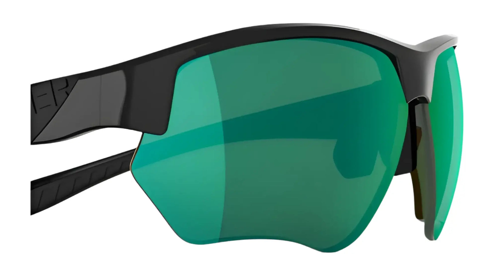 Close-up of RE Ranger Phoenix Shooting Sunglasses in black, size 67, with large reflective green Clearsight lenses—ideal for outdoor activities—shown against a white background. Close-up of RE Ranger Phoenix Shooting Sunglasses in black, size 67, with large reflective green Clearsight lenses—ideal for outdoor activities—shown against a white background.