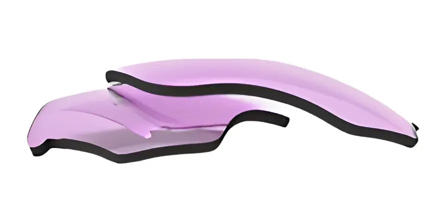 Two sleek, curved, translucent purple RE Ranger Phoenix Sport Lens sheets with black edges, reminiscent of sport lens design for clear vision, are stacked on a white background. Two sleek, curved, translucent purple RE Ranger Phoenix Sport Lens sheets with black edges, reminiscent of sport lens design for clear vision, are stacked on a white background.