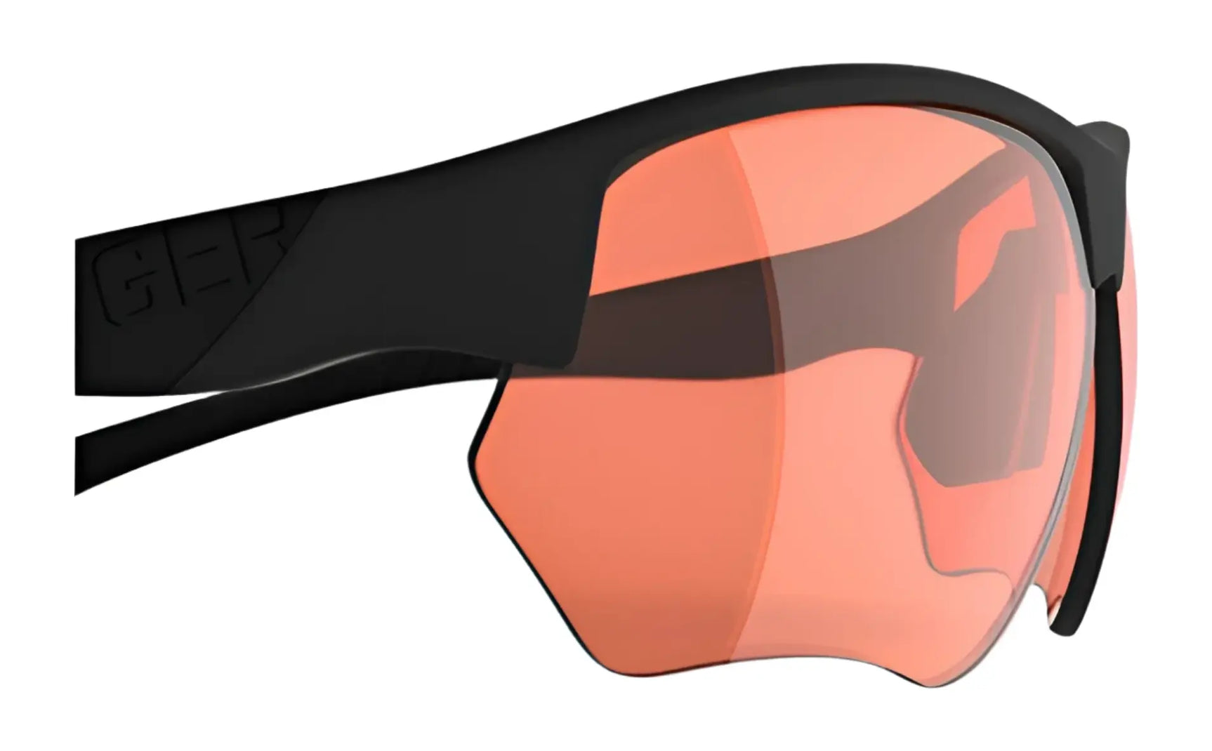 Close-up of RE Ranger Phoenix Sport Lens by RE Ranger—black sports sunglasses with large, curved orange-tinted lenses for sharp vision, ideal for indoor shooting or hunting, shown against a white background. Close-up of RE Ranger Phoenix Sport Lens by RE Ranger—black sports sunglasses with large, curved orange-tinted lenses for sharp vision, ideal for indoor shooting or hunting, shown against a white background.