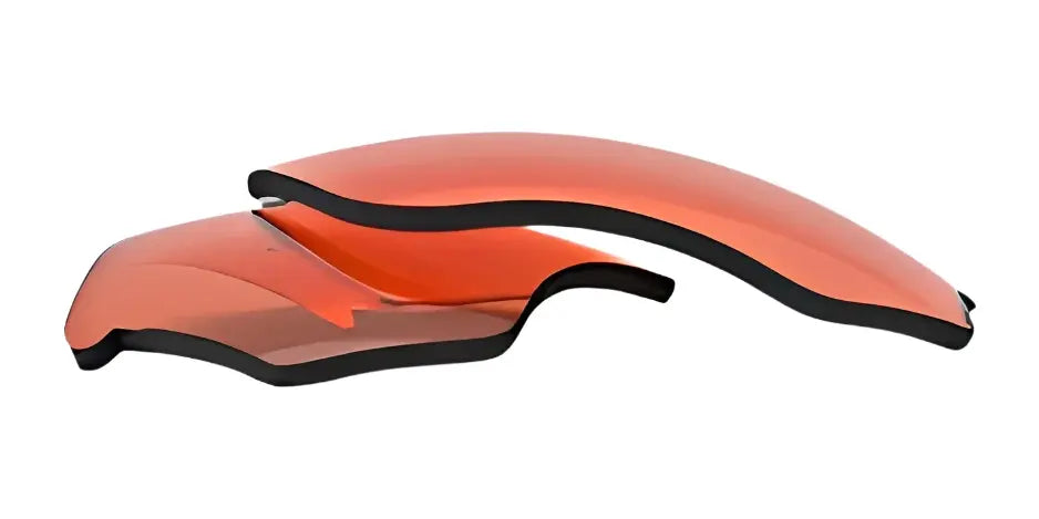 The RE Ranger Phoenix Sport Lens by RE Ranger features curved, translucent orange and black pieces on a white background, symbolizing the clarity and focus these sport lenses provide for sharp indoor shooting vision. The RE Ranger Phoenix Sport Lens by RE Ranger features curved, translucent orange and black pieces on a white background, symbolizing the clarity and focus these sport lenses provide for sharp indoor shooting vision.