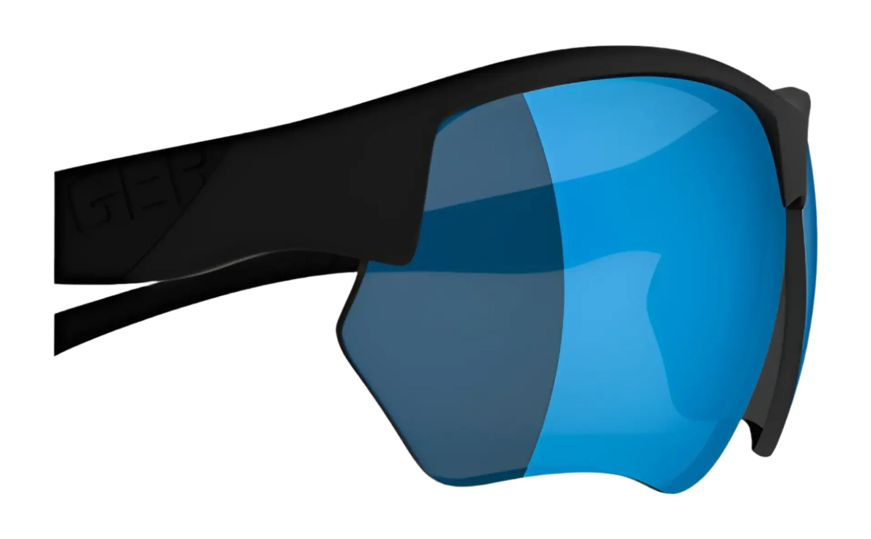 Close-up of RE Ranger Phoenix Sport Lens by RE Ranger—futuristic black sunglasses with a single blue-tinted sport lens and angular design, ideal for clear vision during indoor shooting. Close-up of RE Ranger Phoenix Sport Lens by RE Ranger—futuristic black sunglasses with a single blue-tinted sport lens and angular design, ideal for clear vision during indoor shooting.